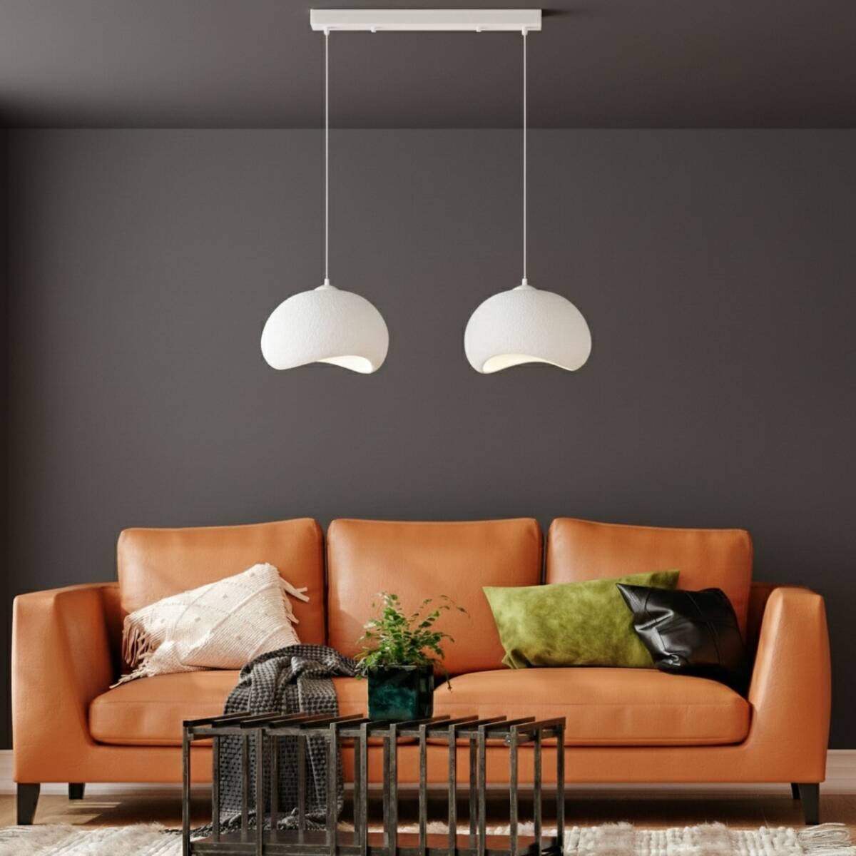 Opviq Pendelleuchte Yontu-15852-A weiß Metall Polyester-Mischgewebe B/H/L: ca. 29x120x34 cm E27 2 Brennstellen