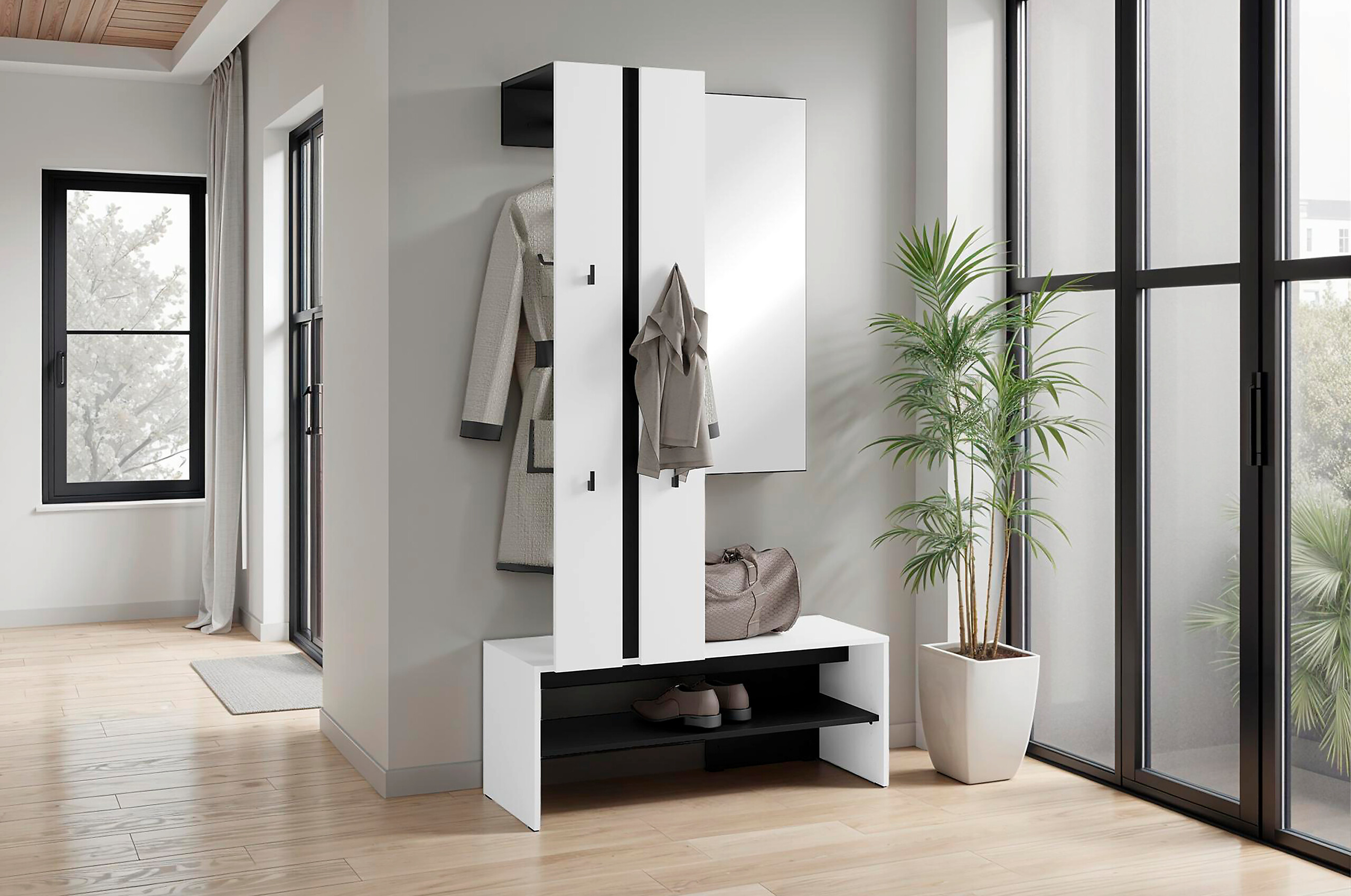 Garderobenset NANTE weiß schwarz B/H/T: ca. 100x186x40 cm Garderobenset NANTE weiß schwarz B/H/T: ca. 100x186x40 cm