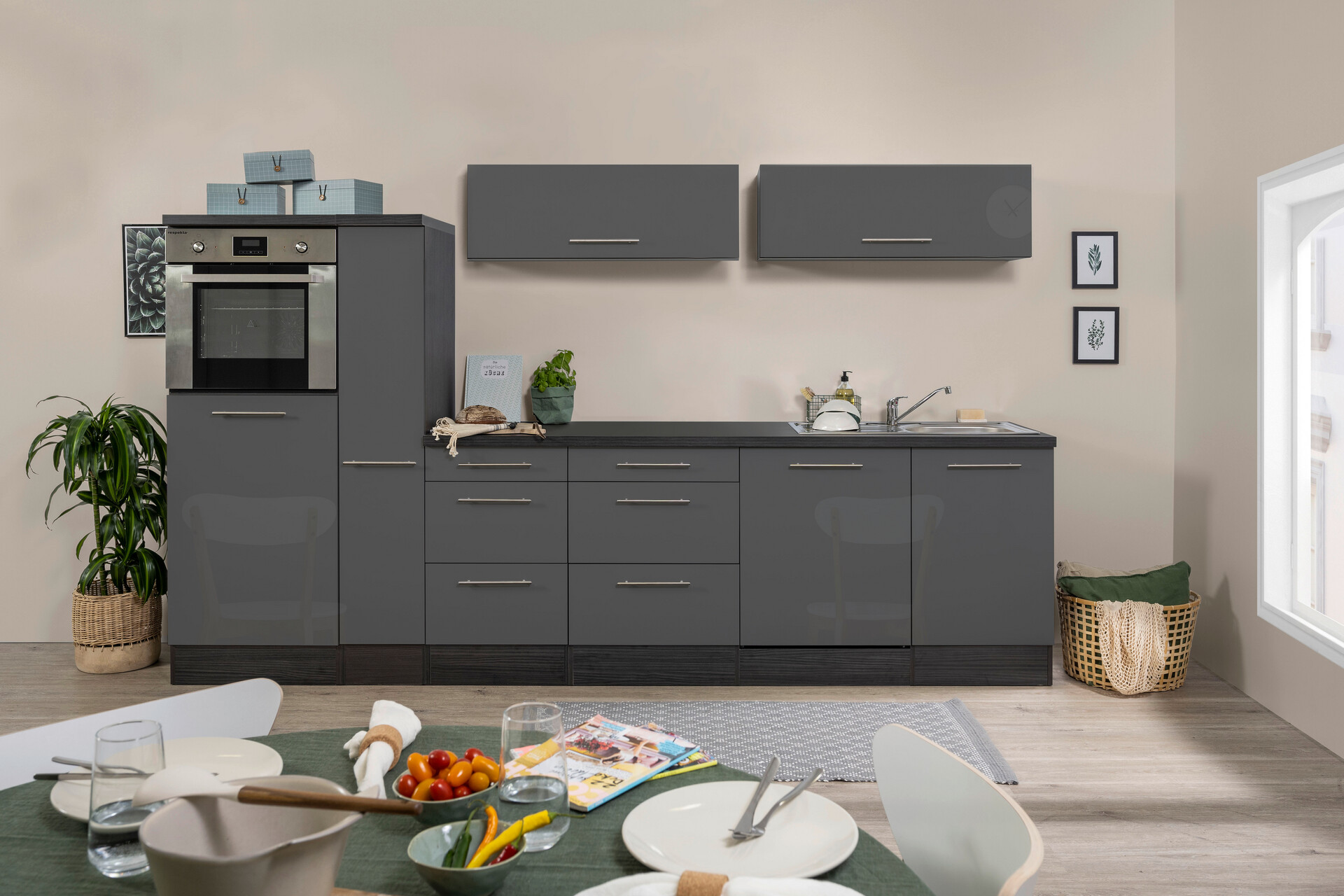 Respekta Inselküche Premium grau hochglänzend B/H/T: ca. 310x200x270 cm