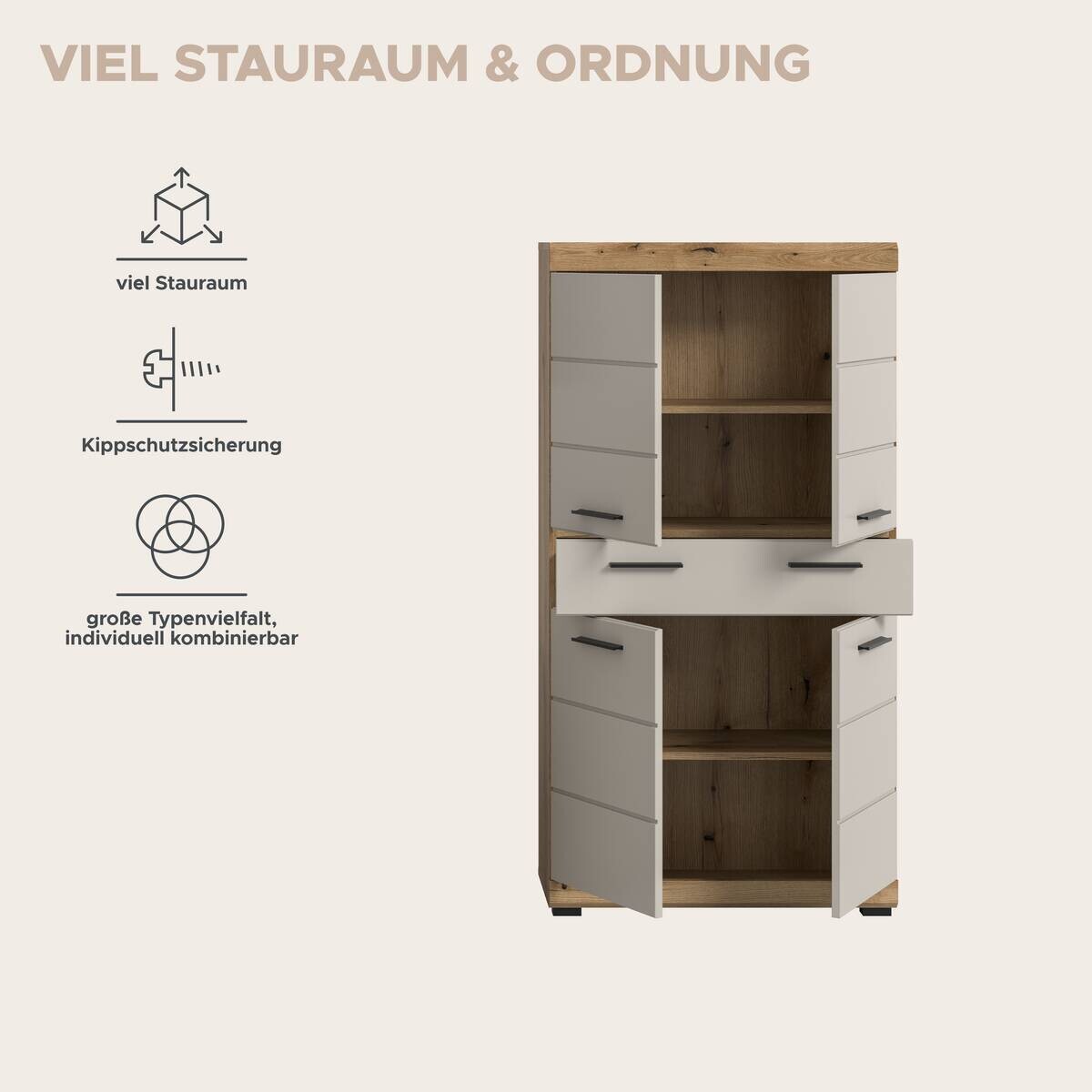 Midischrank Scout Evoke Oak Nachbildung Kaschmirgrau Nachbildung B/H/T: ca. 74x141x31 cm