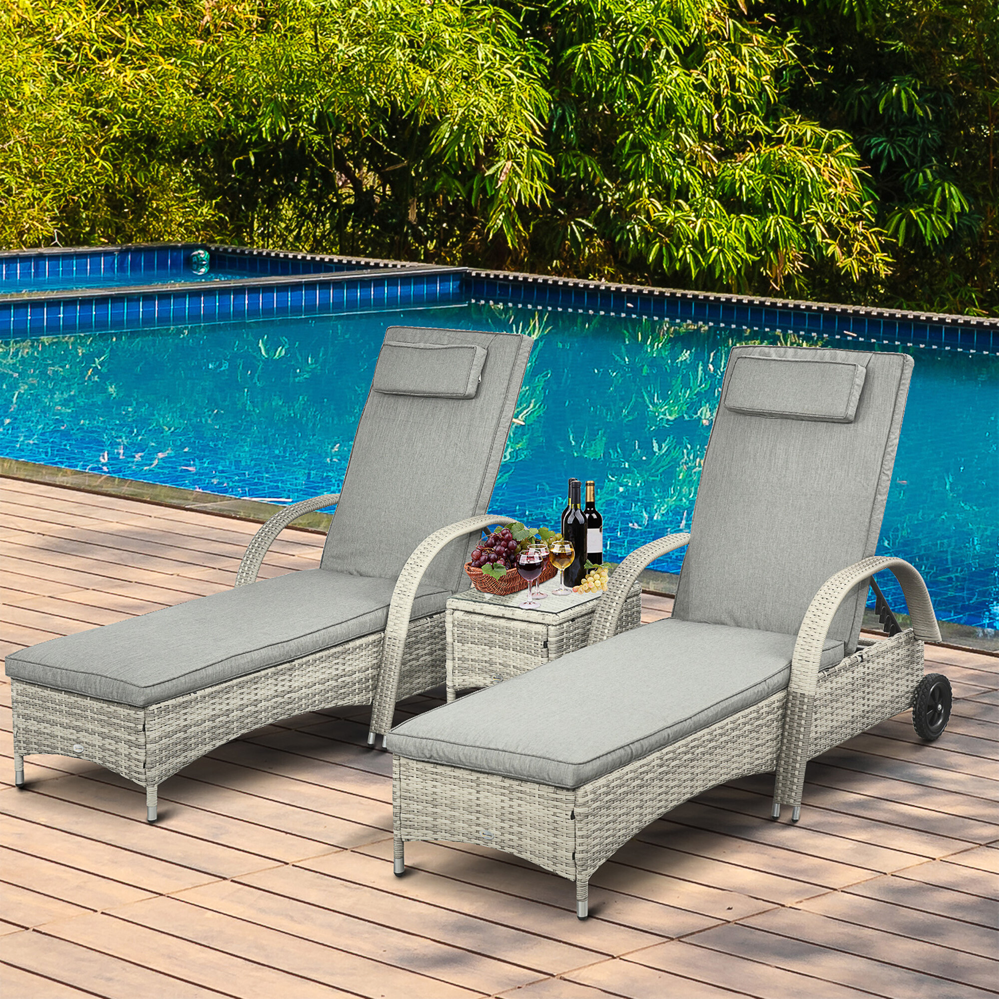 Outsunny Gartenliege-Set mit Tisch grau Polyrattan B/H/L: ca. 73x103x200 cm