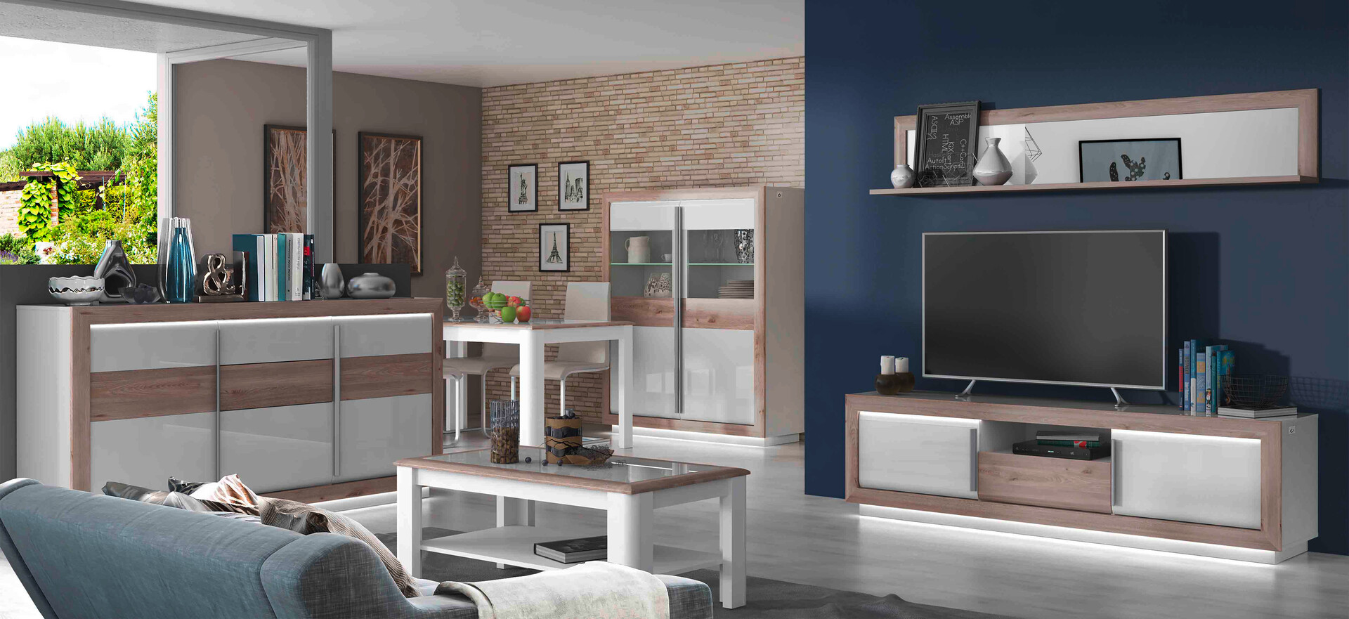 TV-Lowboard  weiß weiß Hochglanz Eiche Nelson Nachbildung B/H/T: ca. 192,7x56,2x53 cm