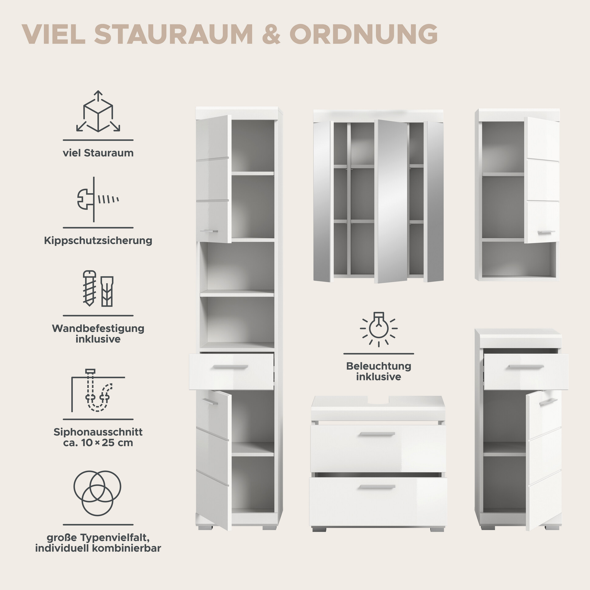 Badezimmer-Set Scout weiß weiß Hochglanz B/H/T: ca. 164x191x34 cm