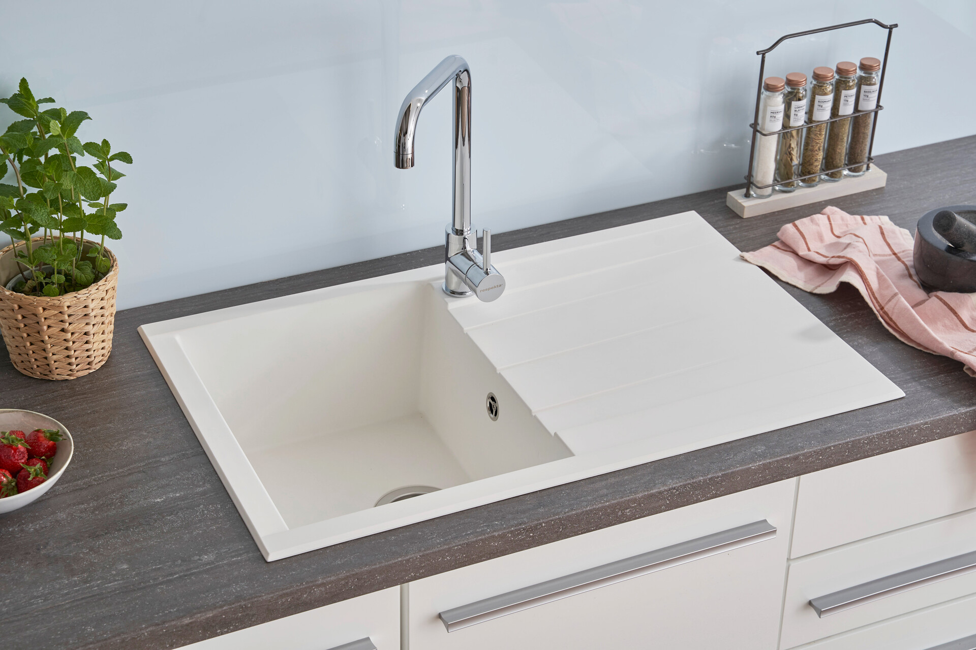 Respekta Einbauspüle Houston 80 x 50 W weiß Mineralite B/H/T: ca. 80x21x50 cm