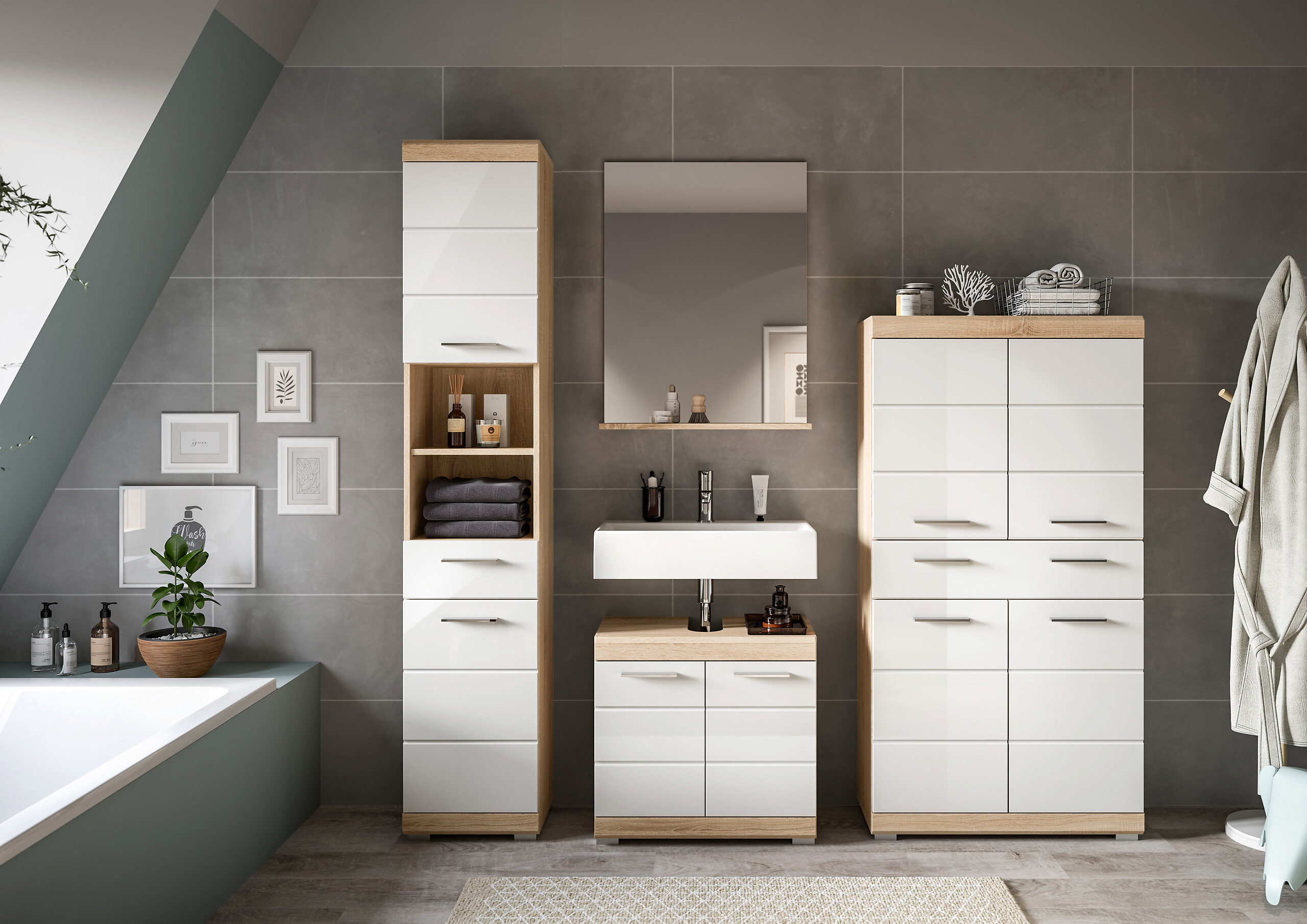 Badezimmer-Set Lambada Eiche Sonoma Nachbildung weiß Hochglanz B/H/T: ca. 186x191x34 cm