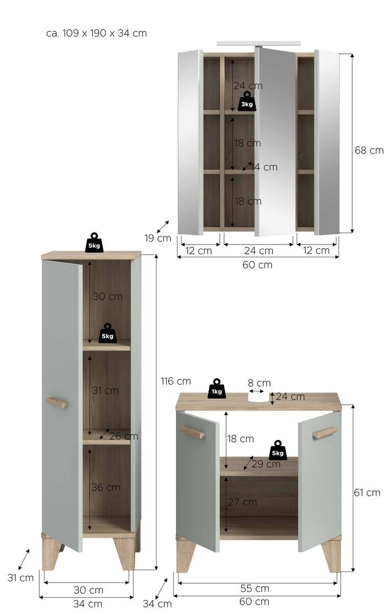 Badezimmer-Set STAR hellgrün Eiche hell Nachbildung B/H/T: ca. 109x190x34 cm