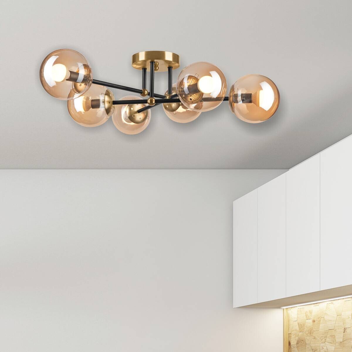 Lamkur Aufbauleuchte Malena gold schwarz Stahl Glas B/H/L: ca. 64x20x64 cm E14 6 Brennstellen