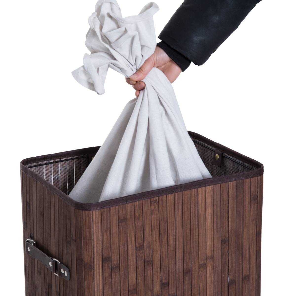 HOMCOM Wäschekorb mit 2 Tragegriffen dunkelbraun Bambus Stoff Kunststoff B/H/L: ca. 30x60x40 cm