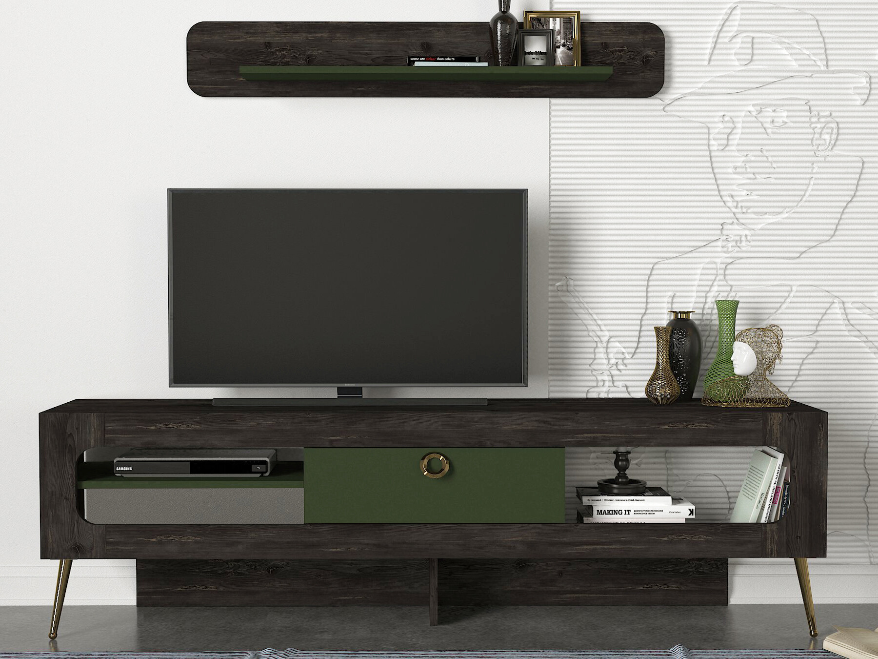 Wohnwand Milandra Rebab braun dunkelgrau dunkelgrün B/H/T: ca. 180x55x31,5 cm