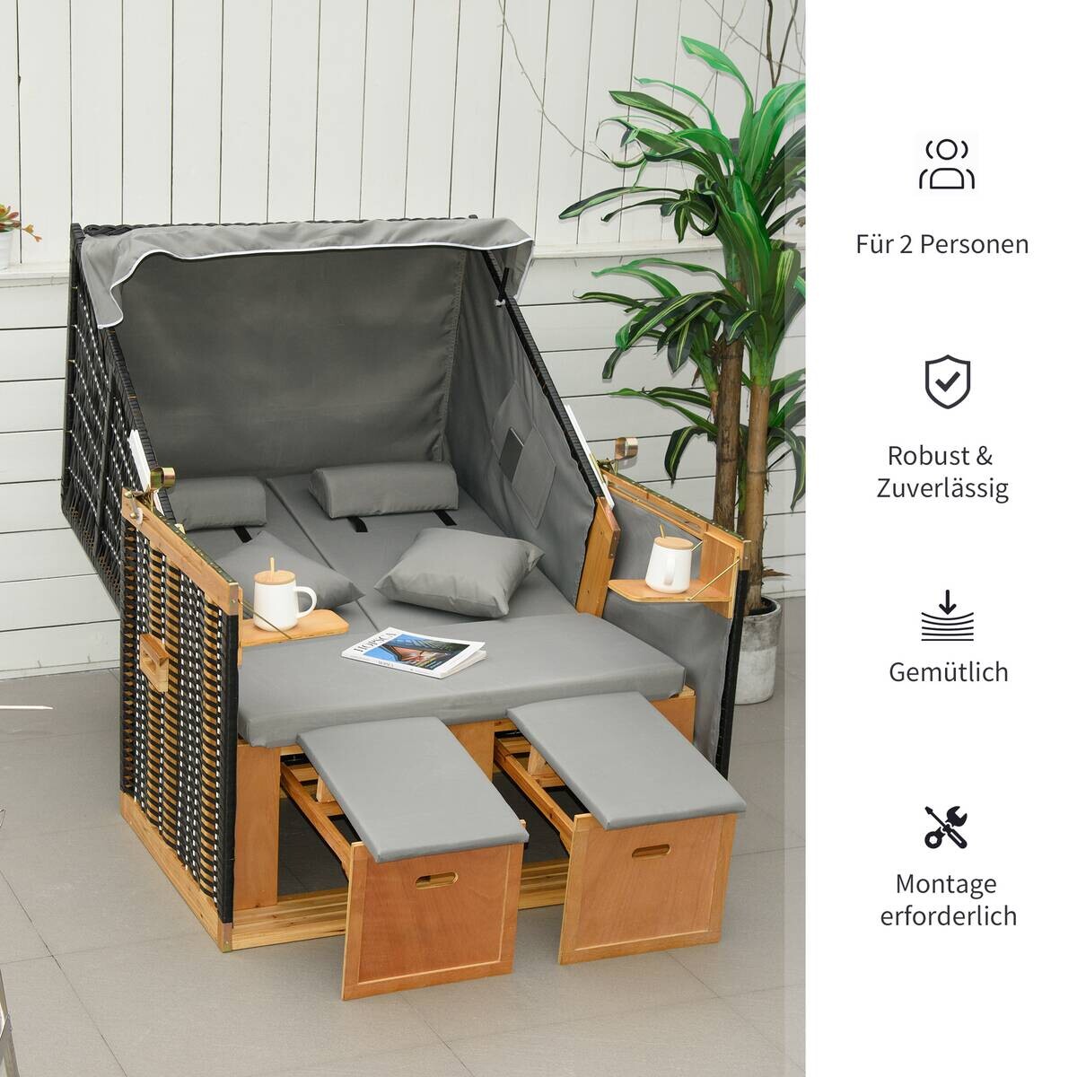 Outsunny Strandkorb hellgrau Edelstahl B/H/L: ca. 79x118x160 cm