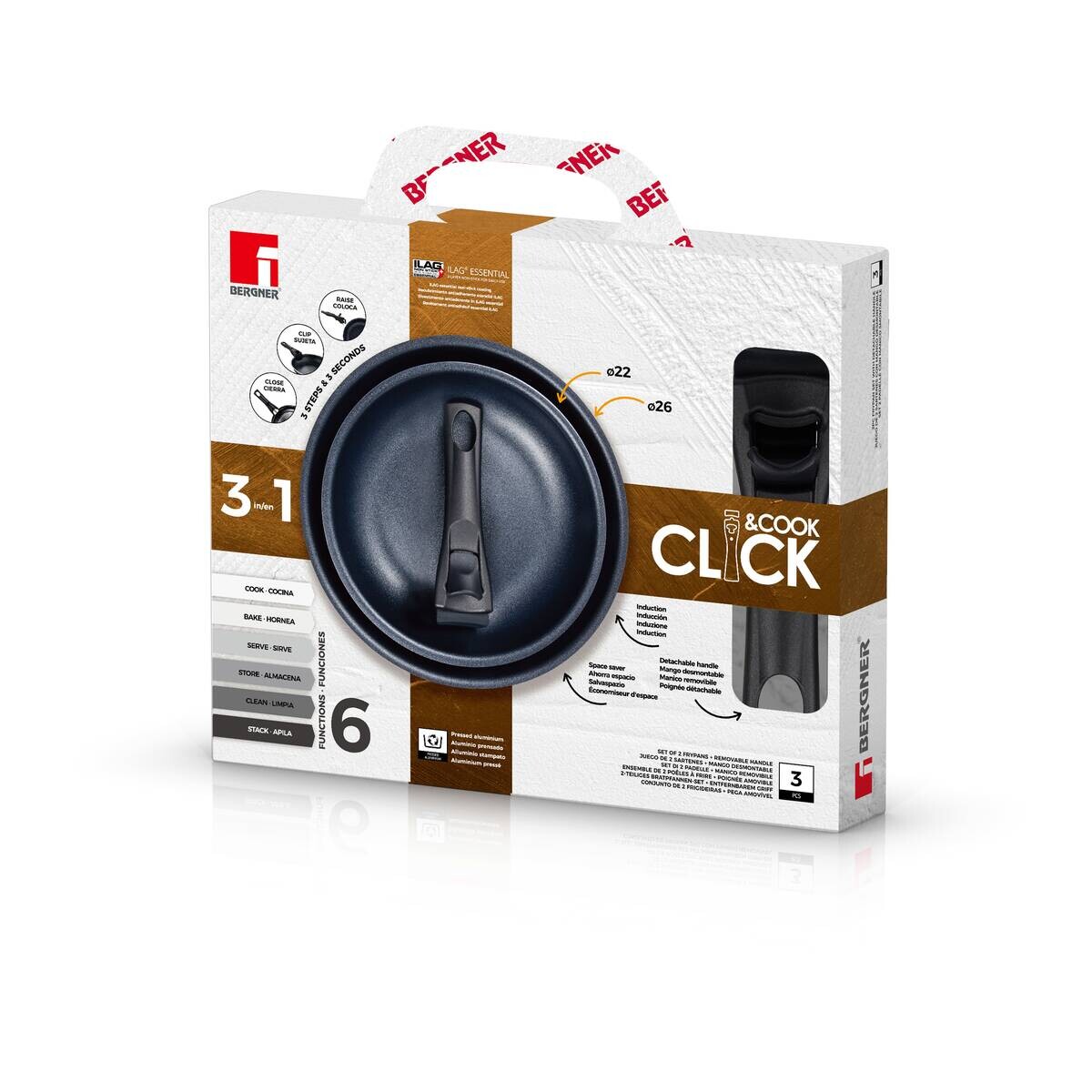 BERGNER Pfannenset Click & cook schwarz Aluminium 3 tlg.