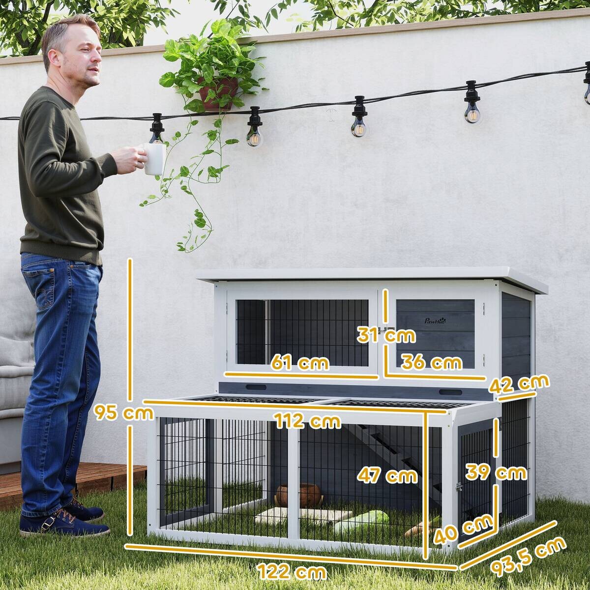 PawHut Kaninchenstall grau Holz B/H/L: ca. 95x93,5x122 cm