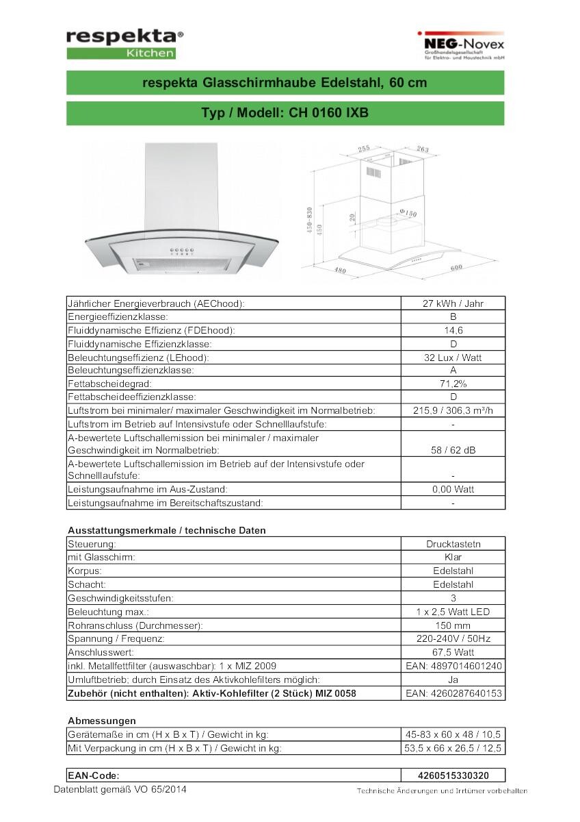 Respekta Dunstabzugshaube CH0160IXB Edelstahl Edelstahl Glas B/H/T: ca. 60x45x48 cm