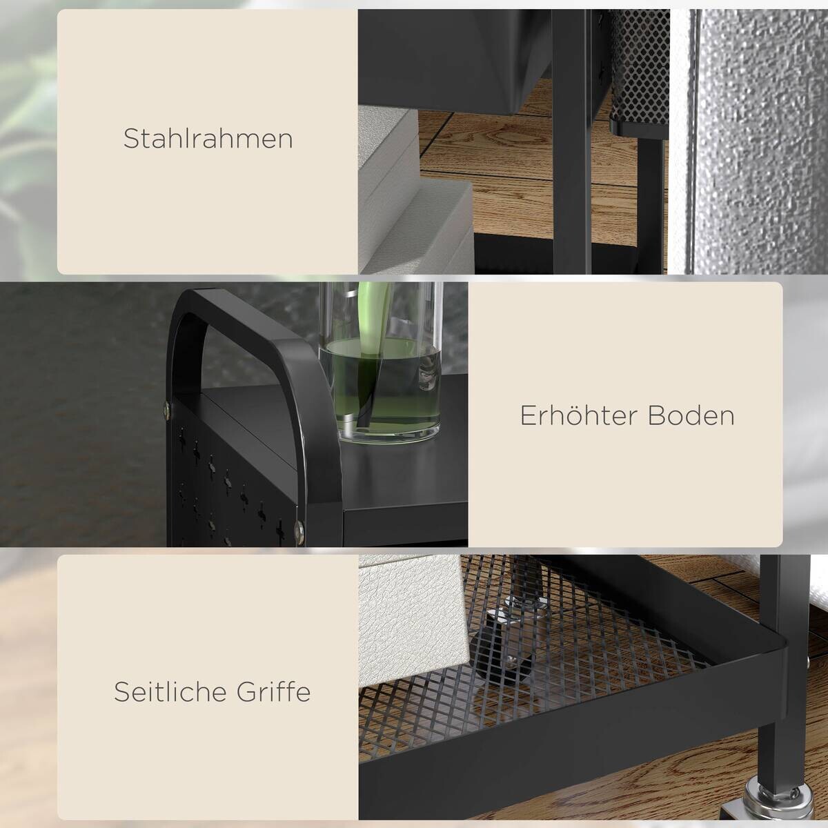 HOMCOM Rollwagen schwarz Edelstahl B/H/L: ca. 32,6x61x58,5 cm