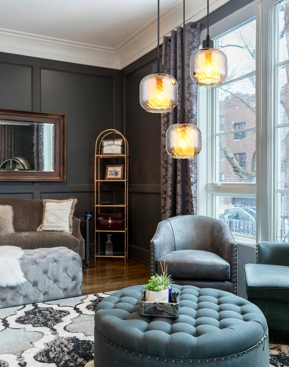 GLOBO Pendelleuchte Rauch mattschwarz Glas Metall H/D: ca. 120x35 cm E27 3 Brennstellen