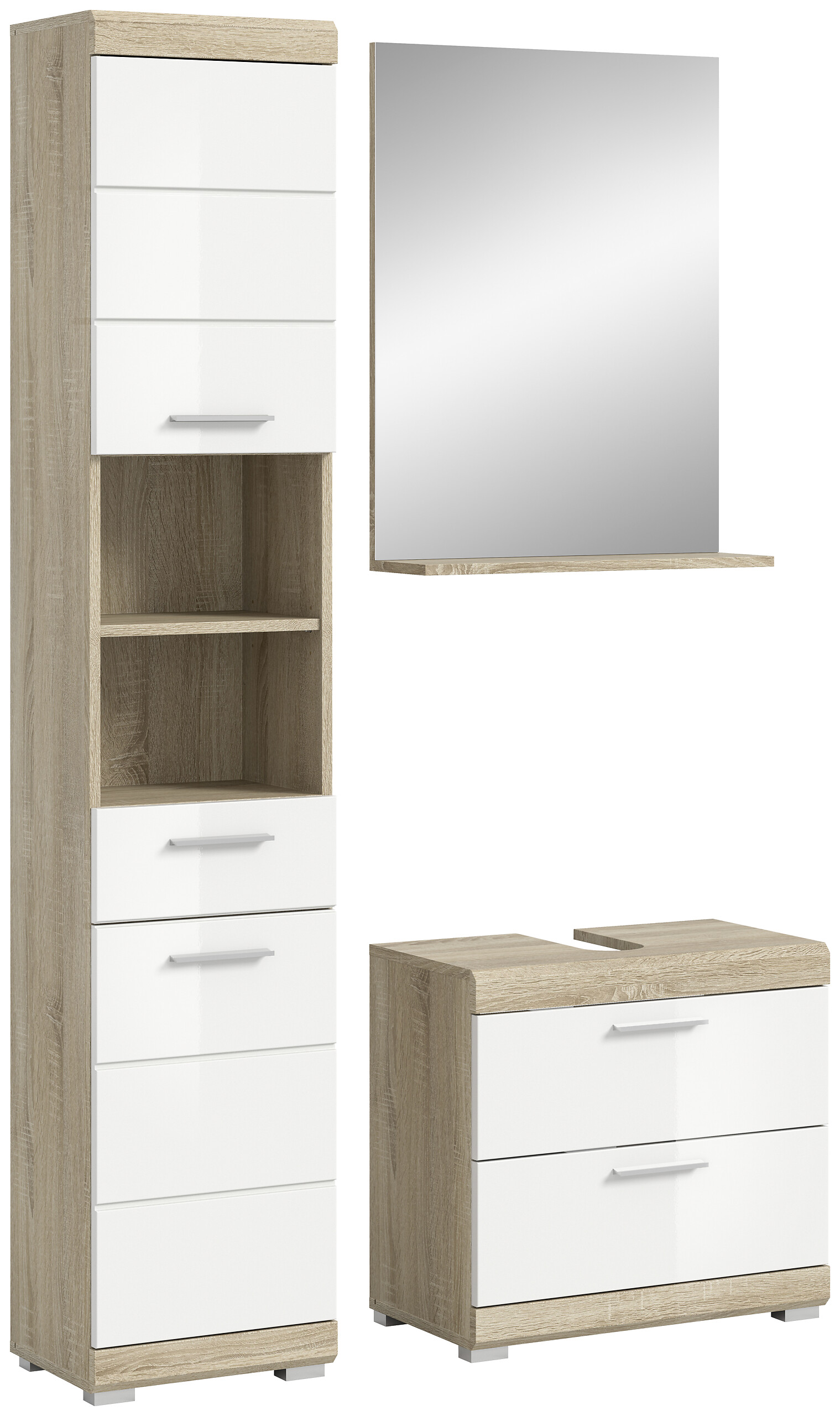 Badezimmer-Set Lambada Eiche Sonoma Nachbildung weiß Hochglanz B/H/T: ca. 112x191x37 cm Badezimmer-Set Lambada Eiche Sonoma Nachbildung weiß Hochglanz B/H/T: ca. 112x191x37 cm