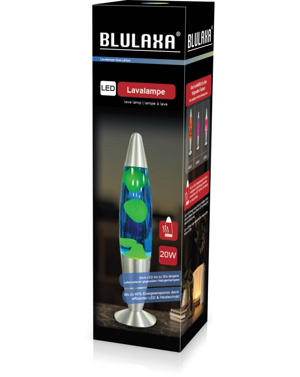 HWH LED-Lavalampe blau gelb Glas Aluminium H/D: ca. 34x62 cm