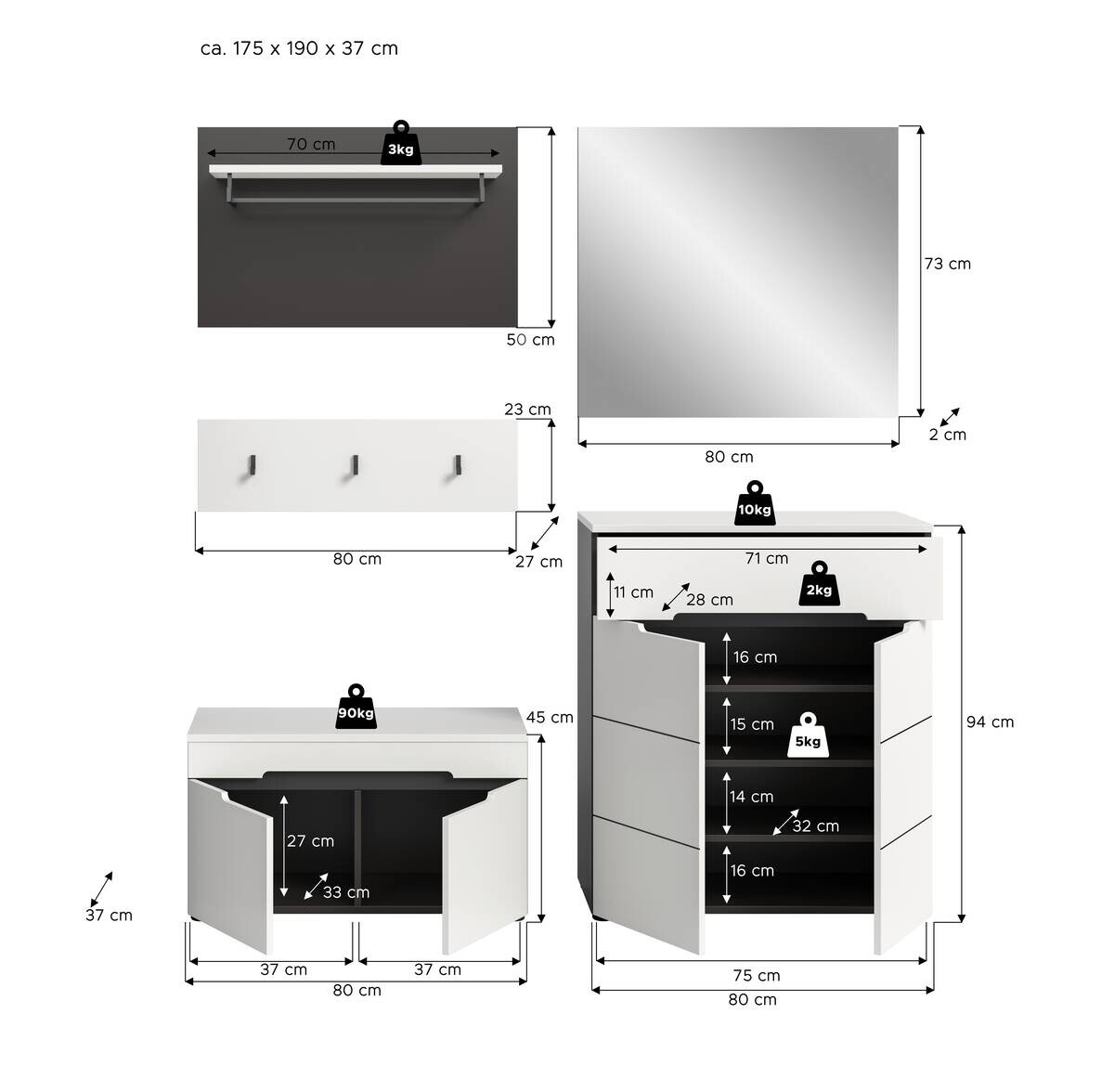 Garderobe Canu basaltgrau Nachbildung weiß B/H/T: ca. 175x190x37 cm