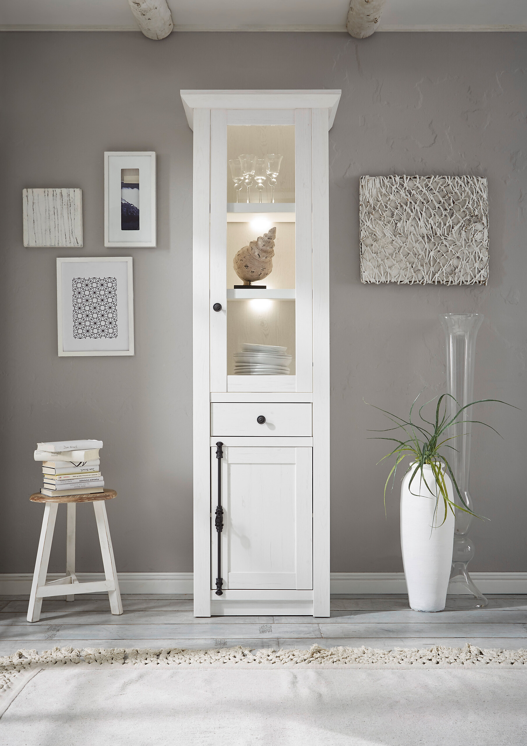 Vitrinenschrank Westerland weiß Pinie Nachbildung B/H/T: ca. 63x207x45 cm