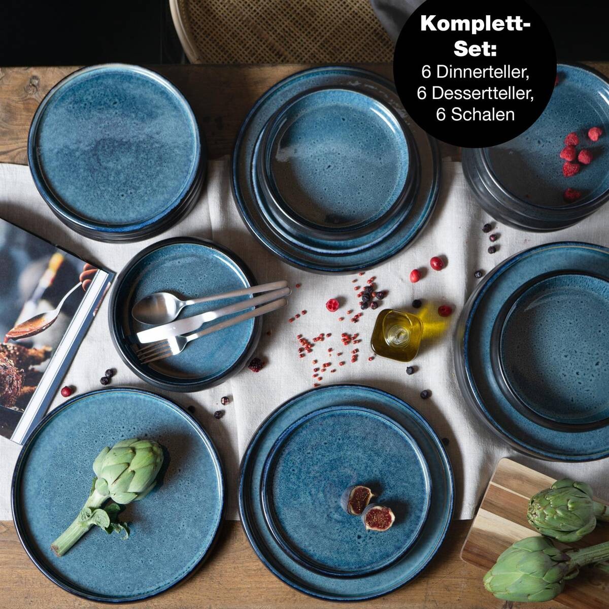 Moritz & Moritz Tafelservice Reaktiv blau Steinzeug 18 tlg.