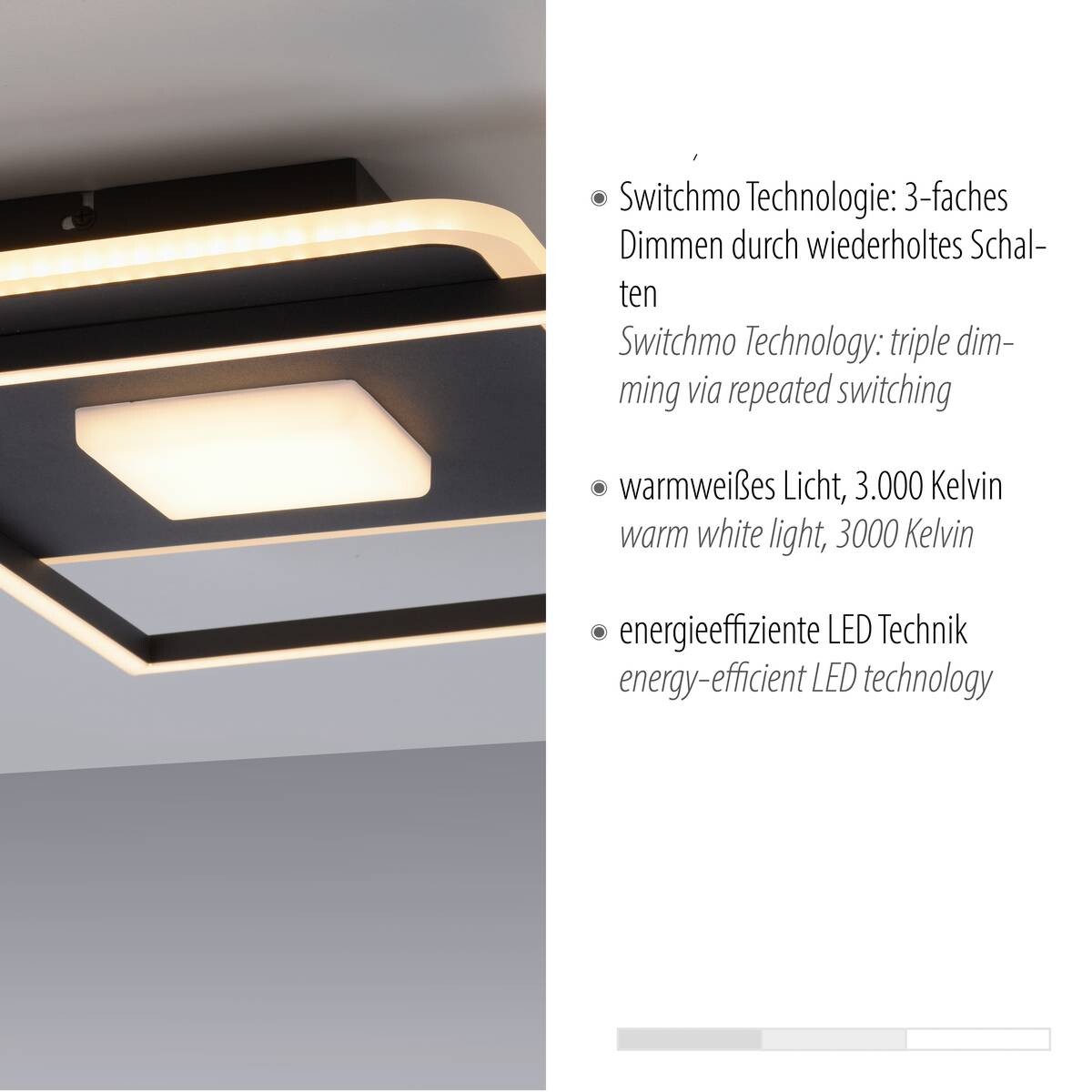 Just Light LED-Deckenleuchte DOMINO 15045-18 weiß schwarz Metall Kunststoff B/H/T: ca. 45x6,5x45 cm 1 Brennstellen