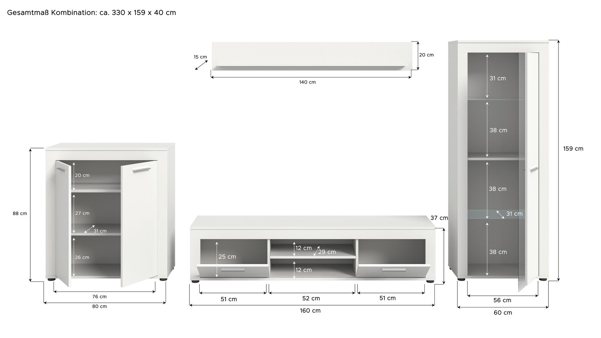 Wohnwand Jam weiß B/H/T: ca. 330x159x35 cm