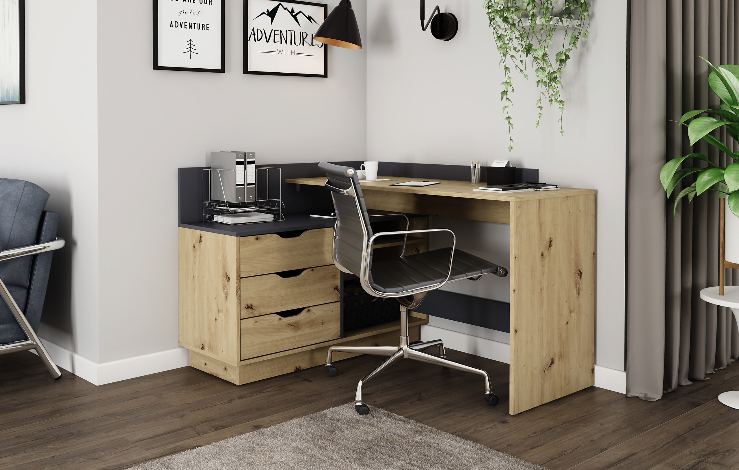 Winkelschreibtisch BELFAST anthrazit Eiche Nachbildung B/H/T: ca. 129x83,5x105 cm