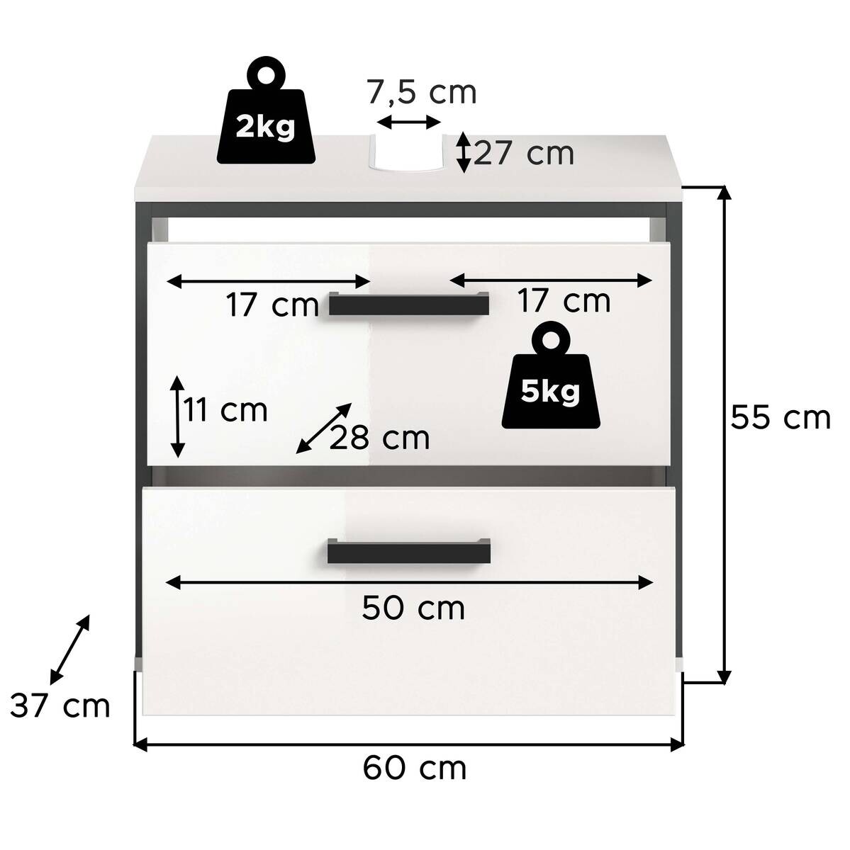 Waschbeckenunterschrank KOJAK weiß weiß Hochglanz anthrazit B/H/T: ca. 60x55x37 cm