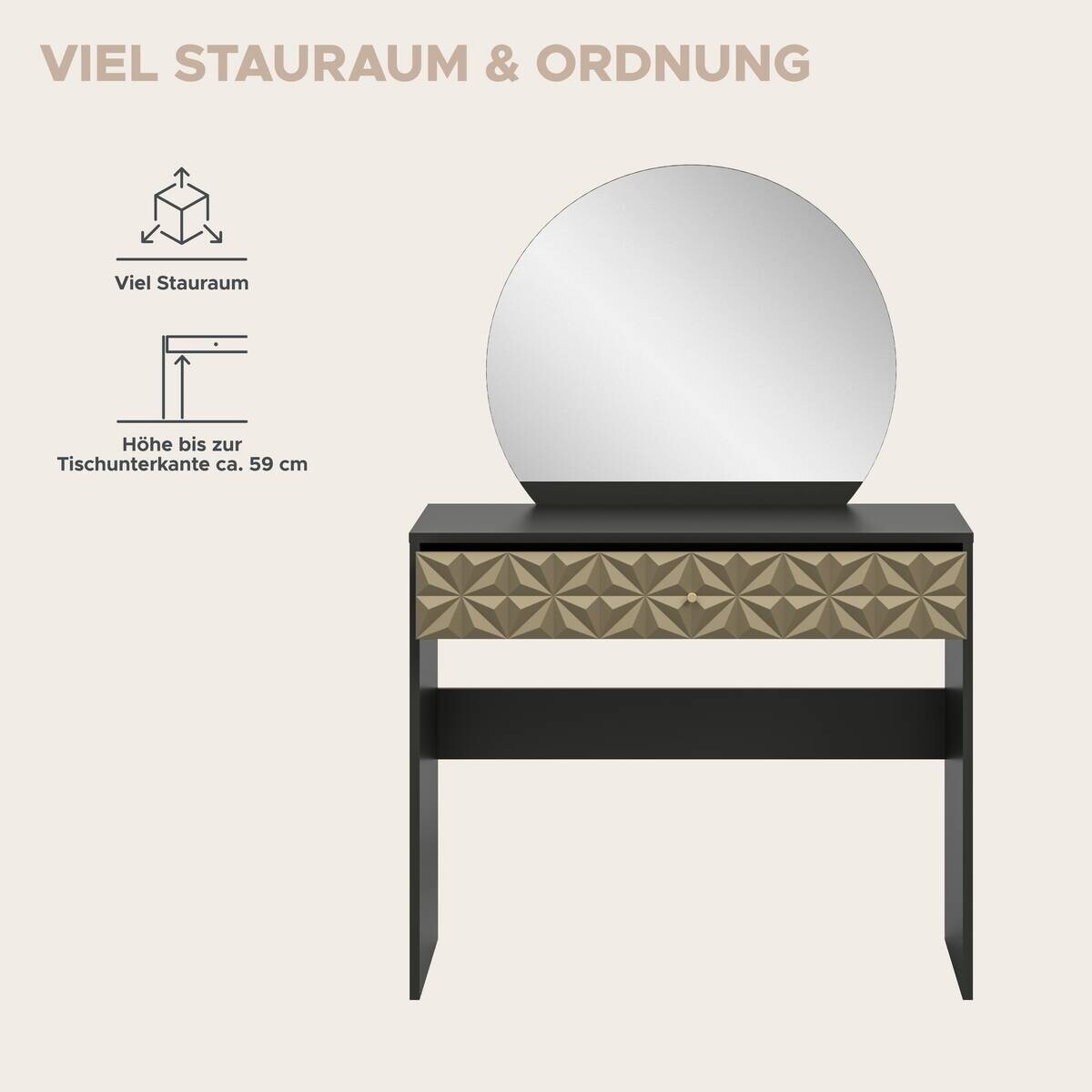 Schminktisch PRISMA schwarz gold Hochglanz Optik B/H/T: ca. 90x133x39 cm