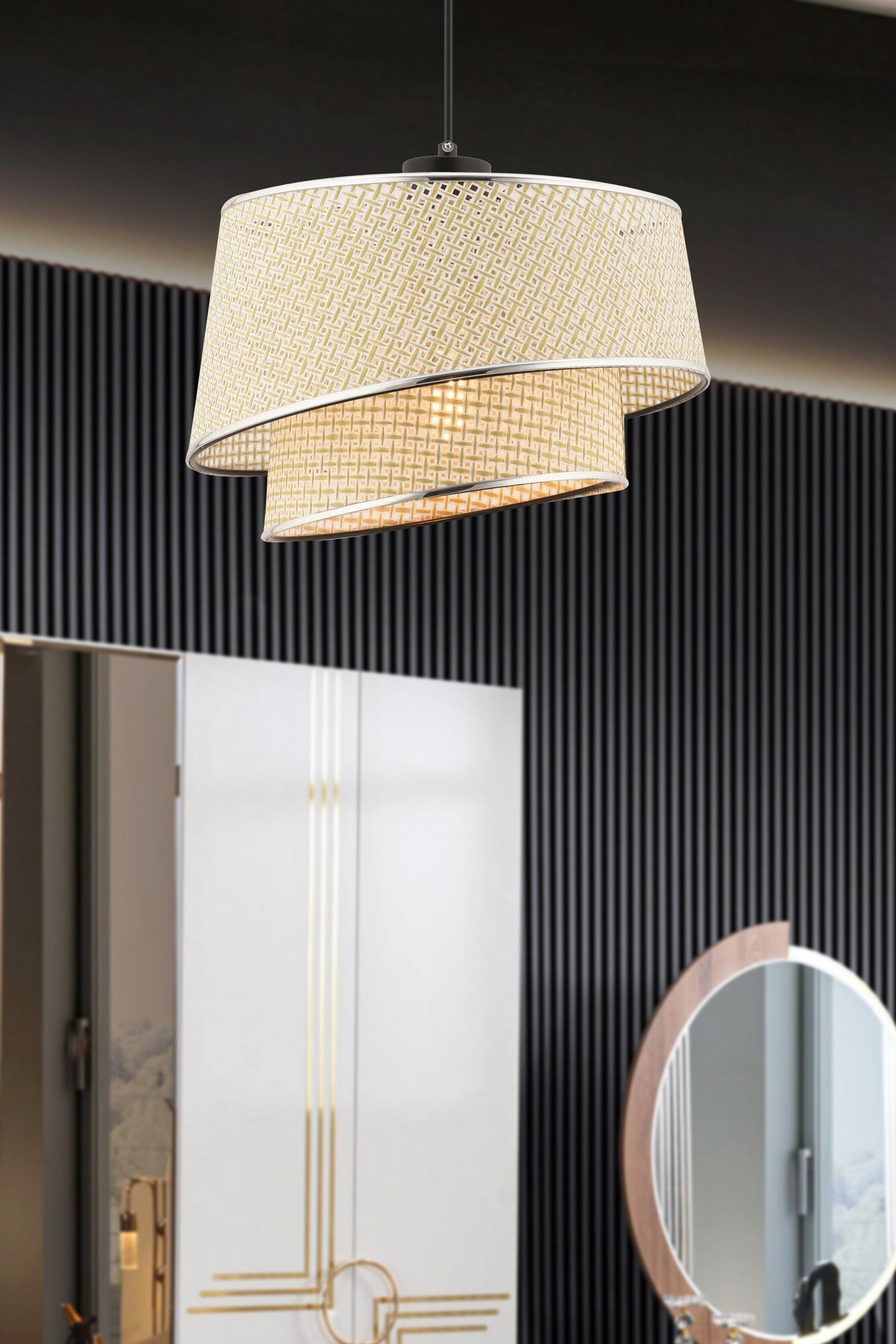 Opviq Pendelleuchte Barette creme silber Stoff Metall B/H/L: ca. 32x65x32 cm E27 1 Brennstellen