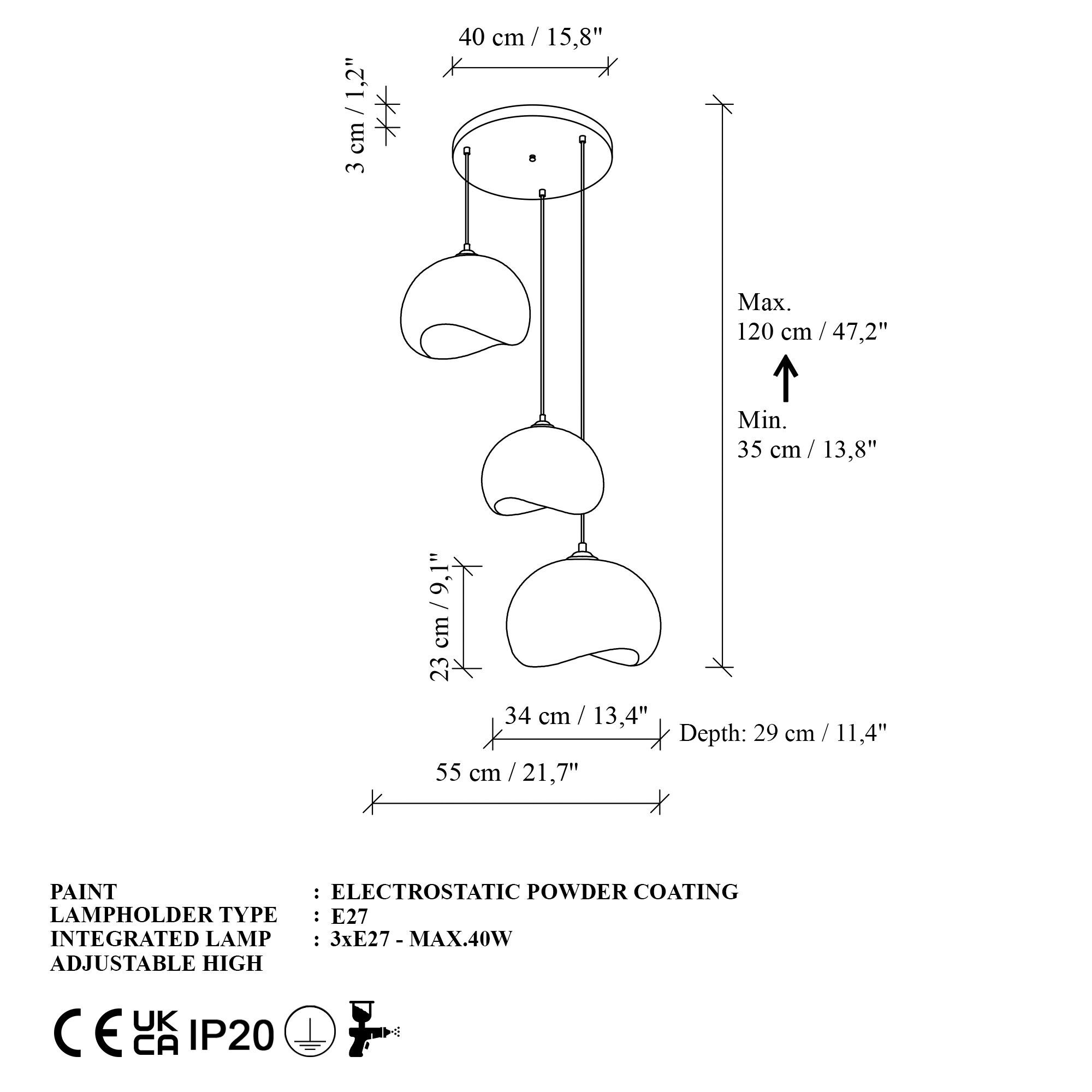 Opviq Pendelleuchte Yontu-15853 weiß Polyester-Mischgewebe Metall B/H/L: ca. 29x120x34 cm E27 3 Brennstellen