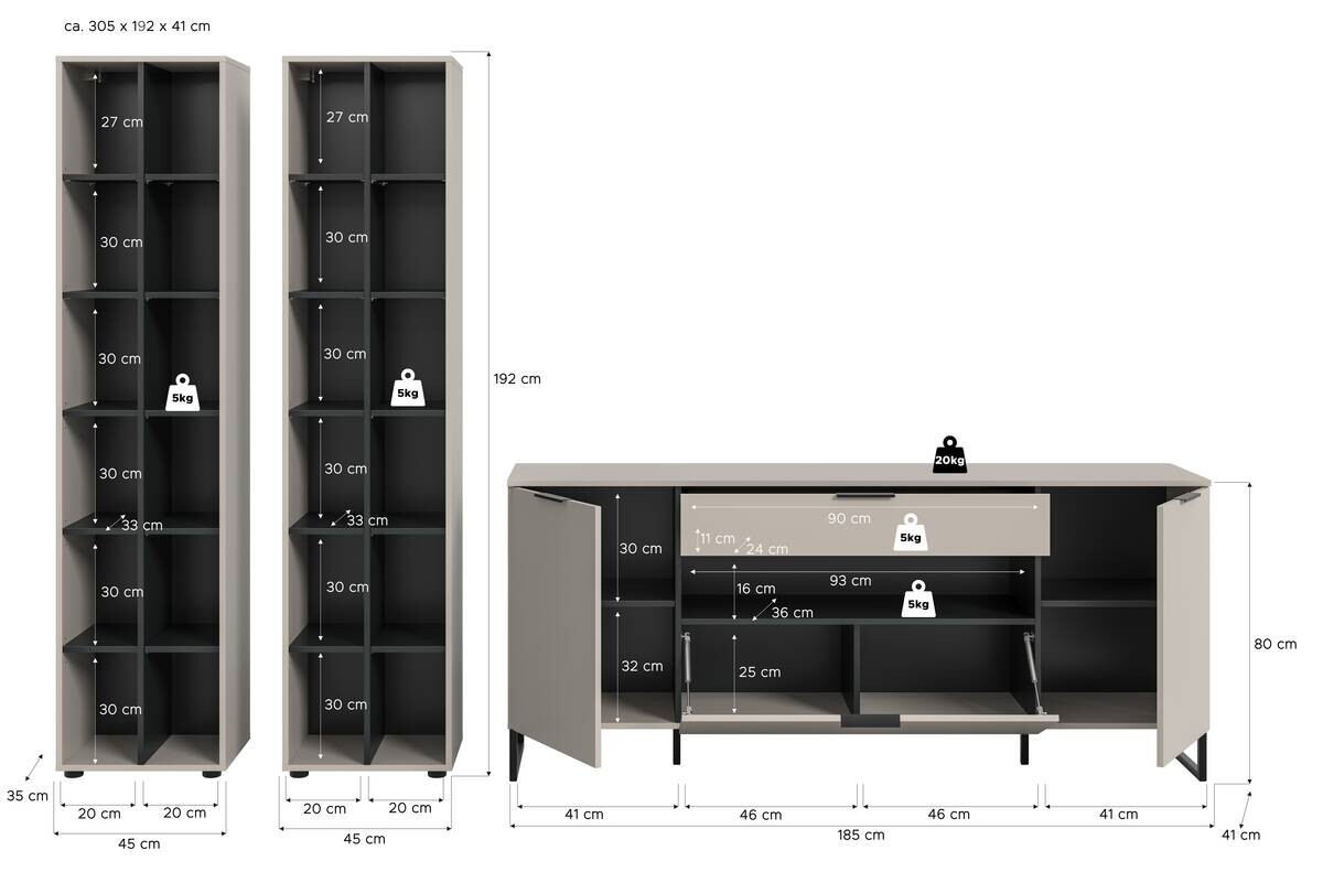 Wohnwand Noida Kaschmirgrau Nachbildung schwarz B/H/T: ca. 305x192x41 cm