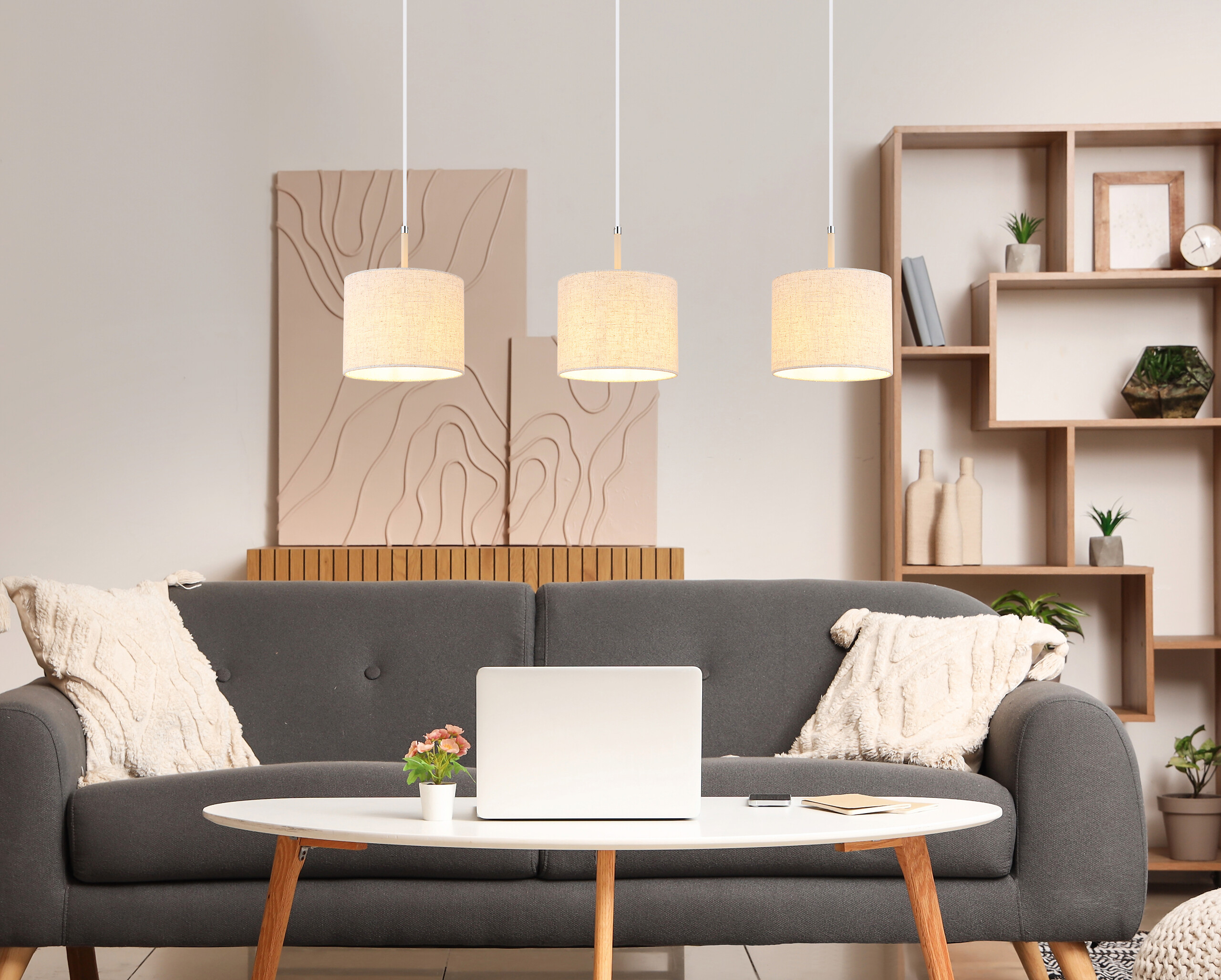 Pendelleuchte sand Metall Textil B/H/L: ca. 20x120x90 cm E27 3 Brennstellen