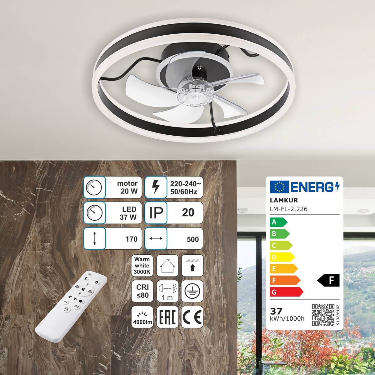 Lamkur LED-Deckenventilator Falco schwarz H/L: ca. 17x50 cm max. 40 W