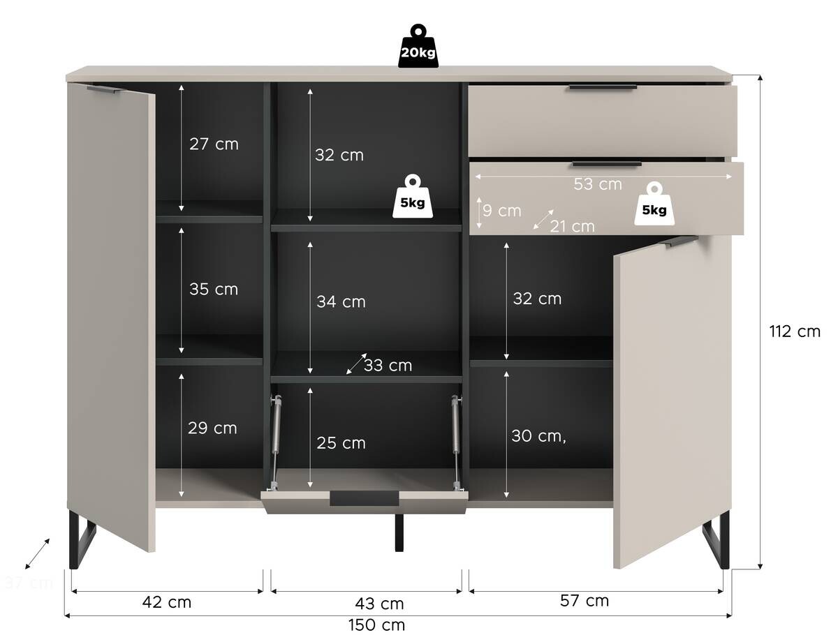Highboard Noida Kaschmirgrau Nachbildung schwarz B/H/T: ca. 112x150x37 cm