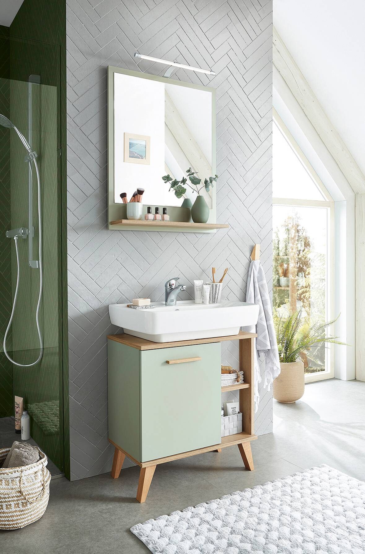 Badezimmer-Set Quickset 963 salbei Nachbildung Eiche Riviera Nachbildung B/H/T: ca. 60,5x200x33 cm Badezimmer-Set Quickset 963 salbei Nachbildung Eiche Riviera Nachbildung B/H/T: ca. 60,5x200x33 cm