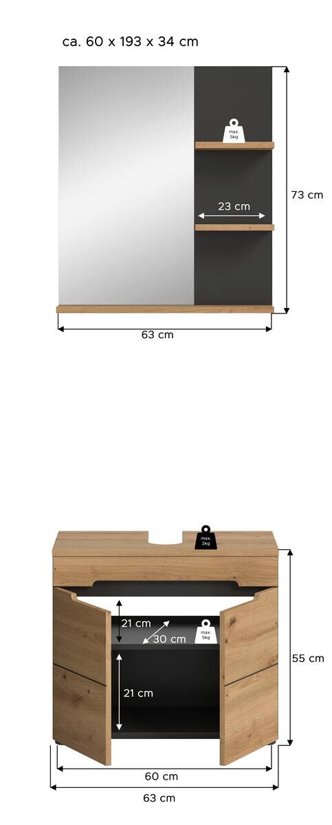 Badezimmer-Set Canu Basalt Eiche Artisan Nachbildung B/H/T: ca. 63x193x34 cm