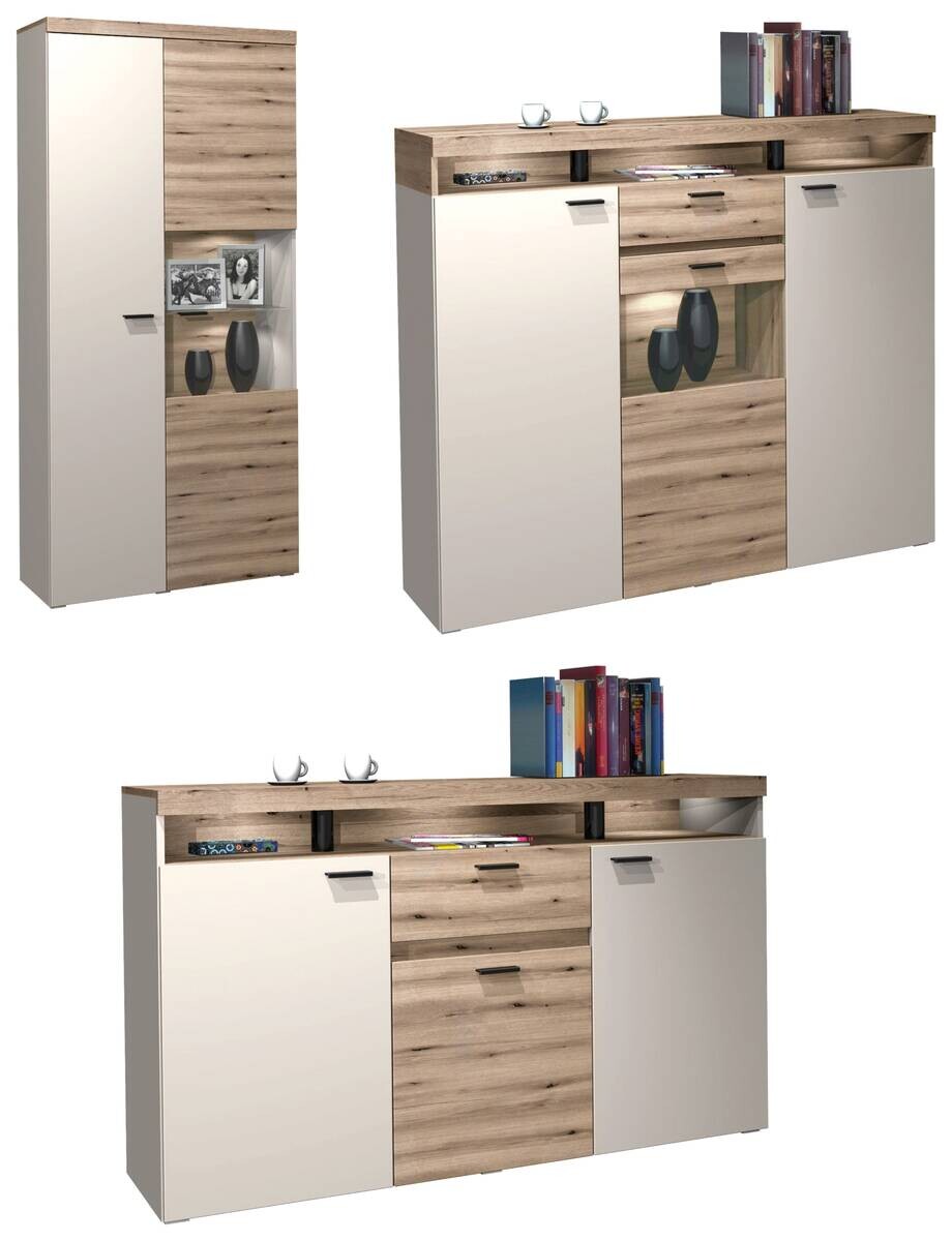 Highboard Strada weiß Eiche Viking Optik Spanplatte B/H/T: ca. 129x151x37 cm