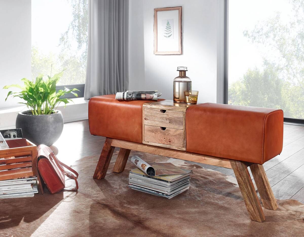 Wohnling Sitzbank braun natur Leder Echtholz B/H/T: ca. 120x56x30 cm