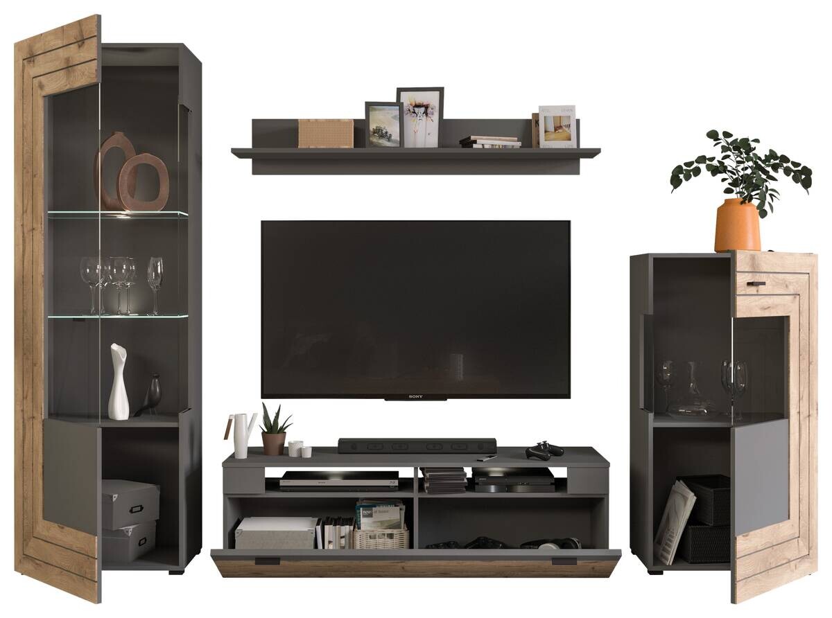 Wohnwand Freno grau matt Eiche Nox Oak Nachbildung B/H/T: ca. 290x194x40 cm