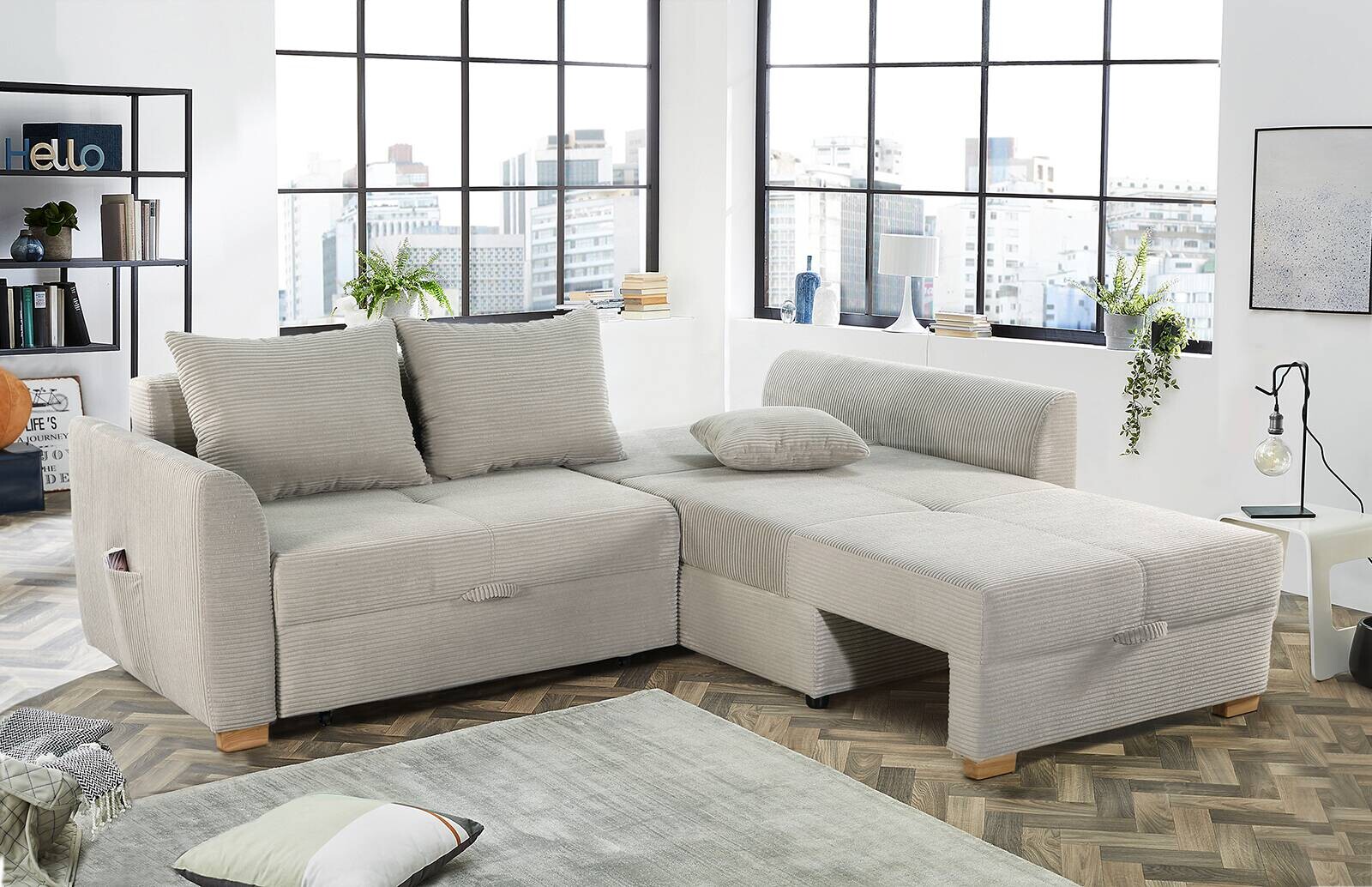 Ecksofa mit Bettfunktion und Bettkasten Greige B/H/T: ca. 236x81x160 cm