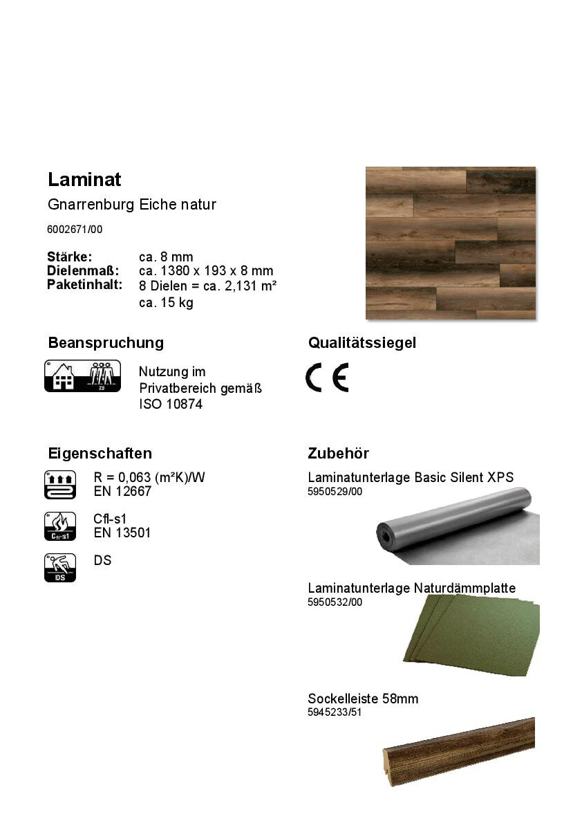 Laminatboden Gnarrenburg ca. 2,131 m² im Paket  B/L: ca. 19,3x138 cm pro Paket