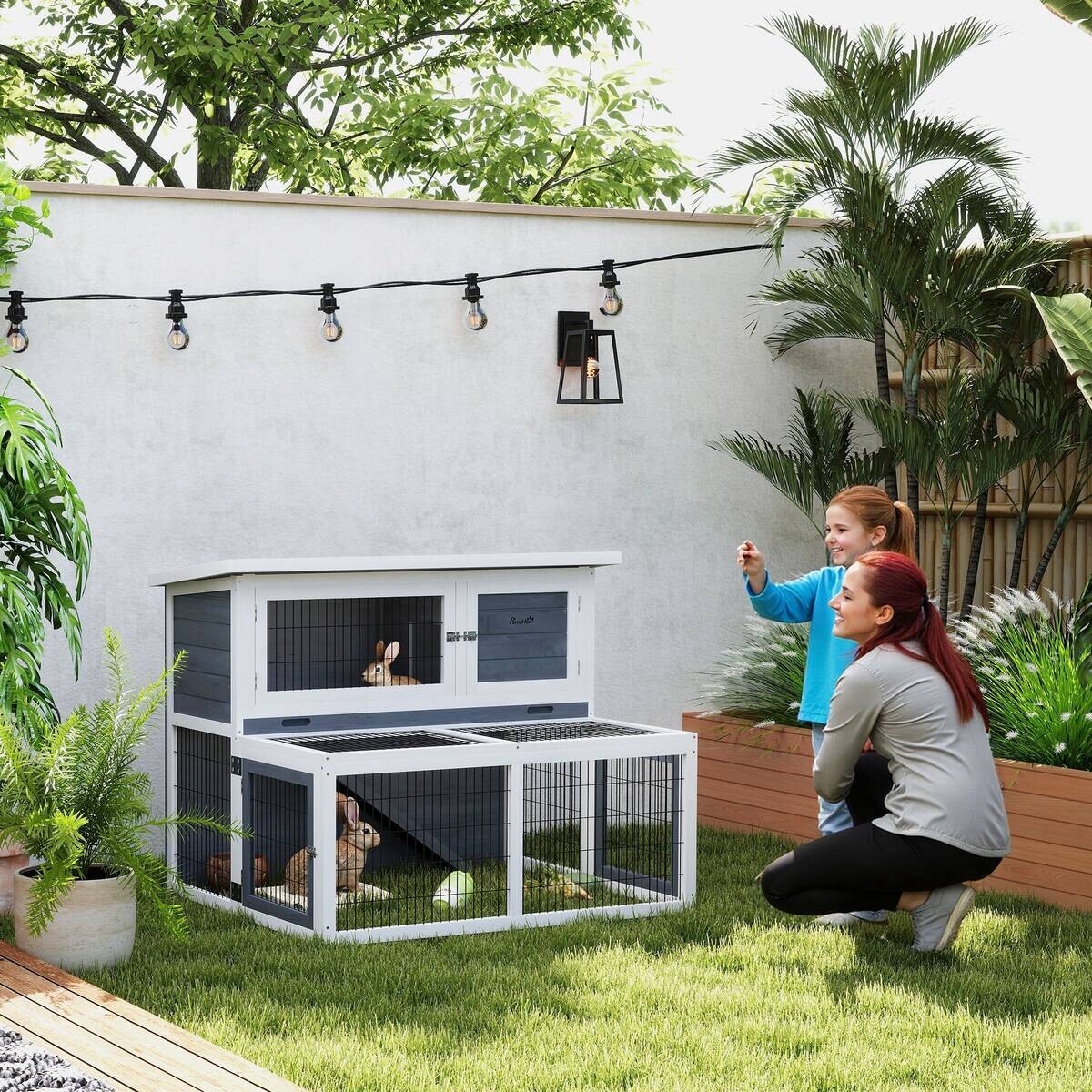 PawHut Kaninchenstall grau Holz B/H/L: ca. 95x93,5x122 cm