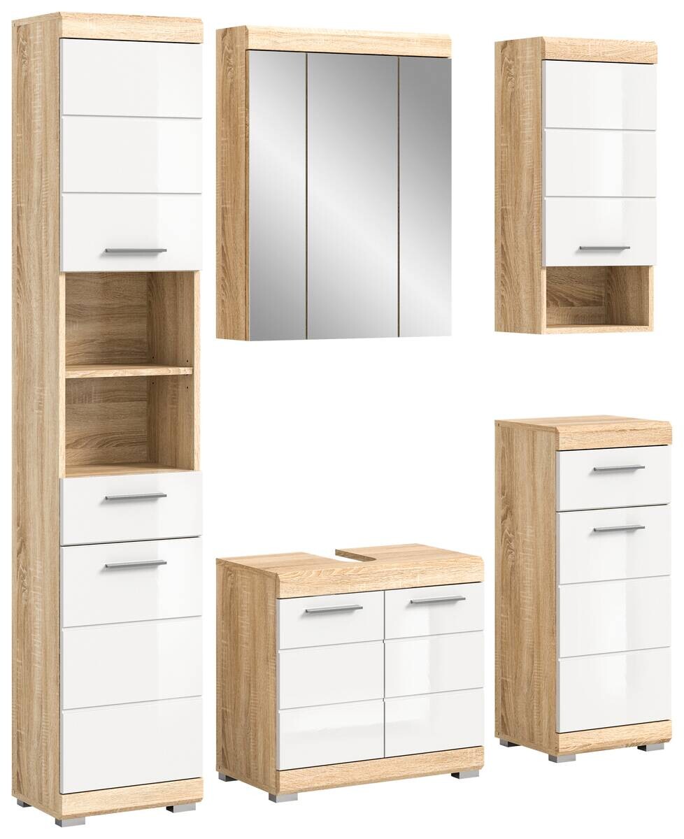Badezimmer-Set LAMBADA Eiche Sonoma hell Nachbildung weiß Hochglanz B/H/T: ca. 164x191x34 cm