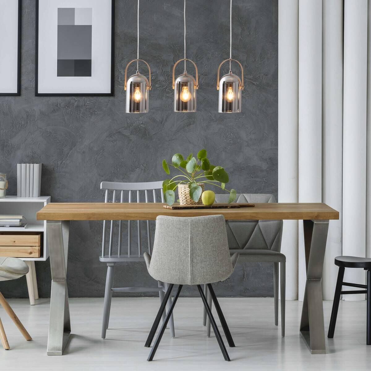 Näve Leuchten Pendelleuchte 7086159 silber Glas Metall B/H/T: ca. 64x141x11,5 cm E27 3 Brennstellen