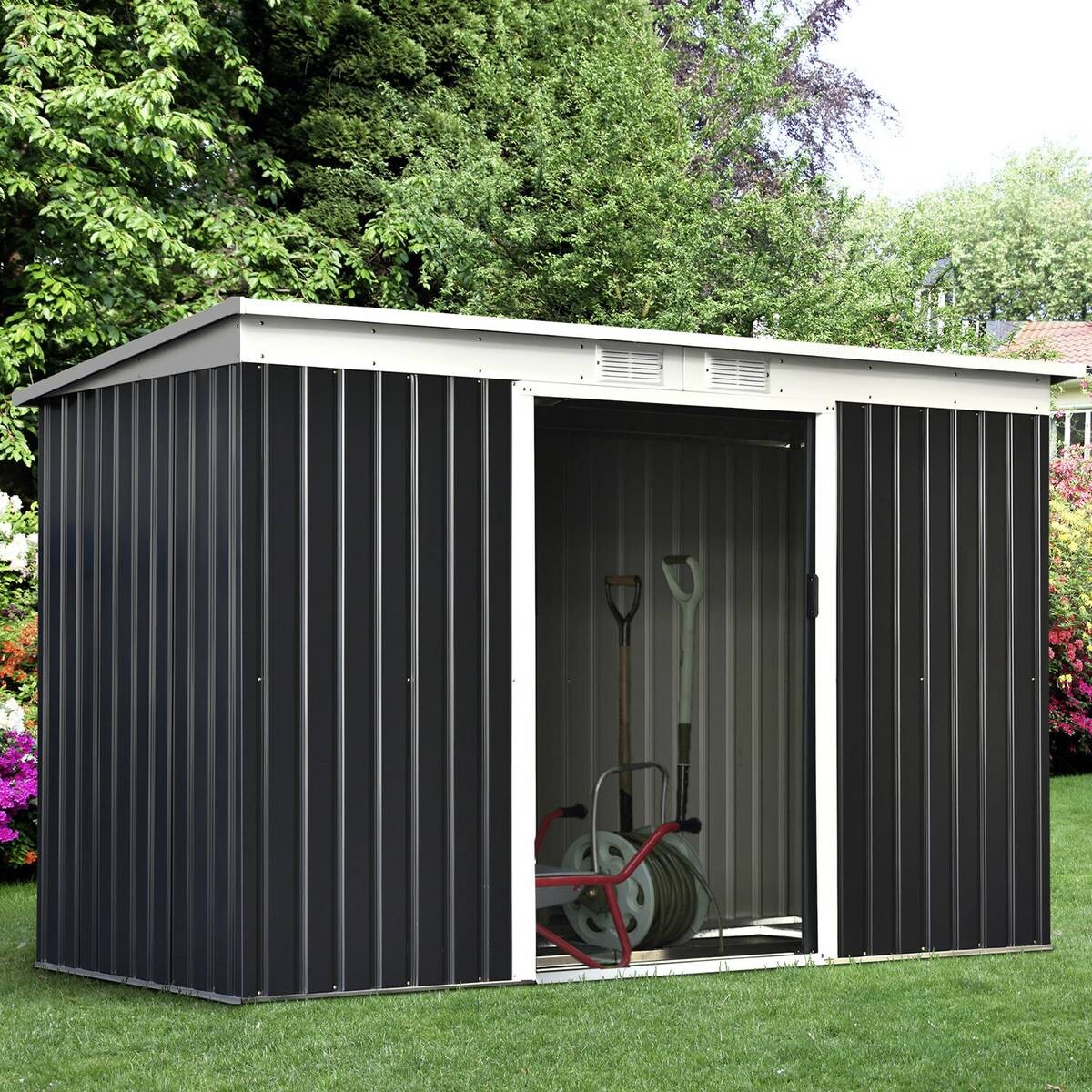 Outsunny Gartenschrank dunkelgrau Stahl B/H/L: ca. 130x173x277 cm