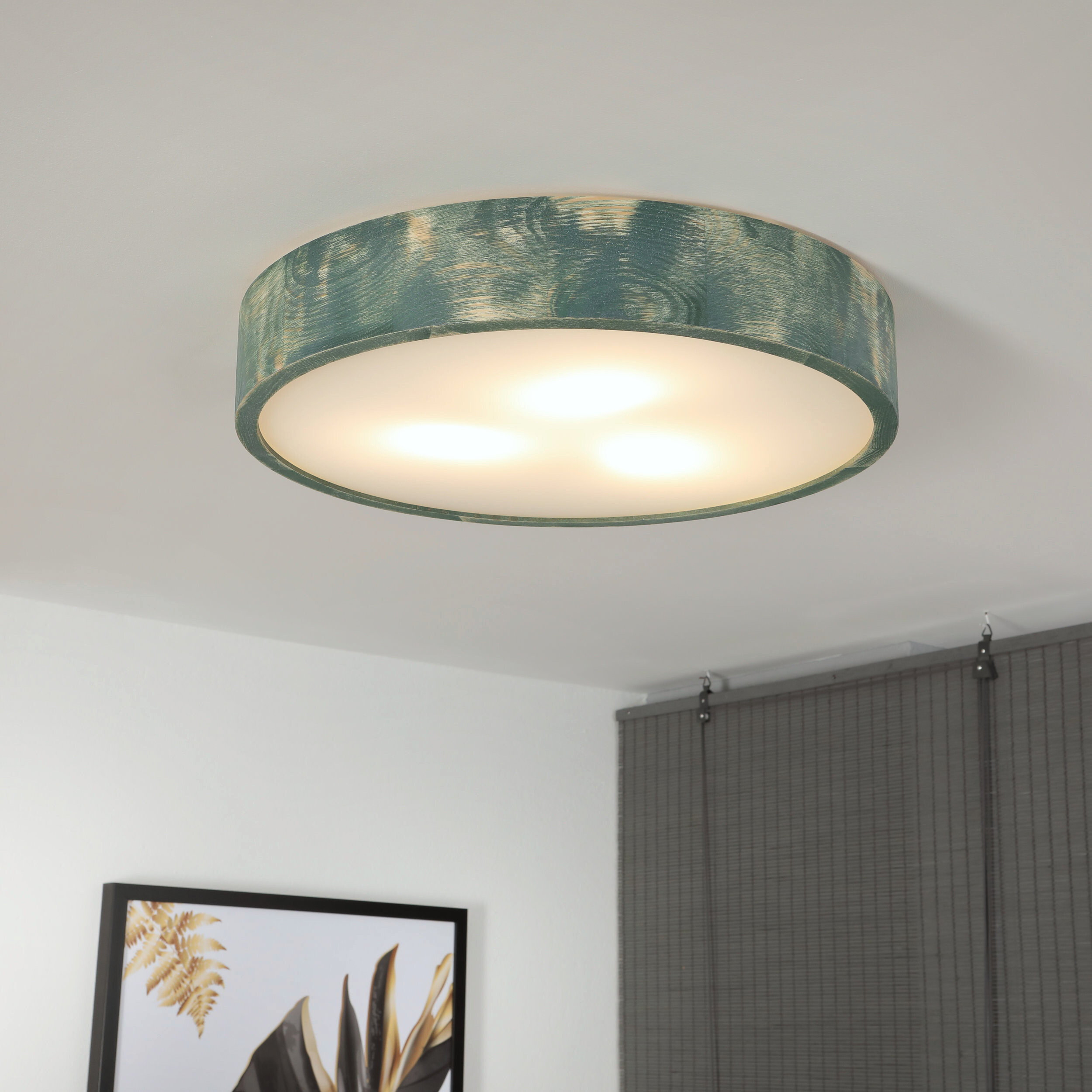 Lamkur Deckenleuchte hellbraun grün Glas Holz B/H/L: ca. 48x48x10 cm 3 Brennstellen