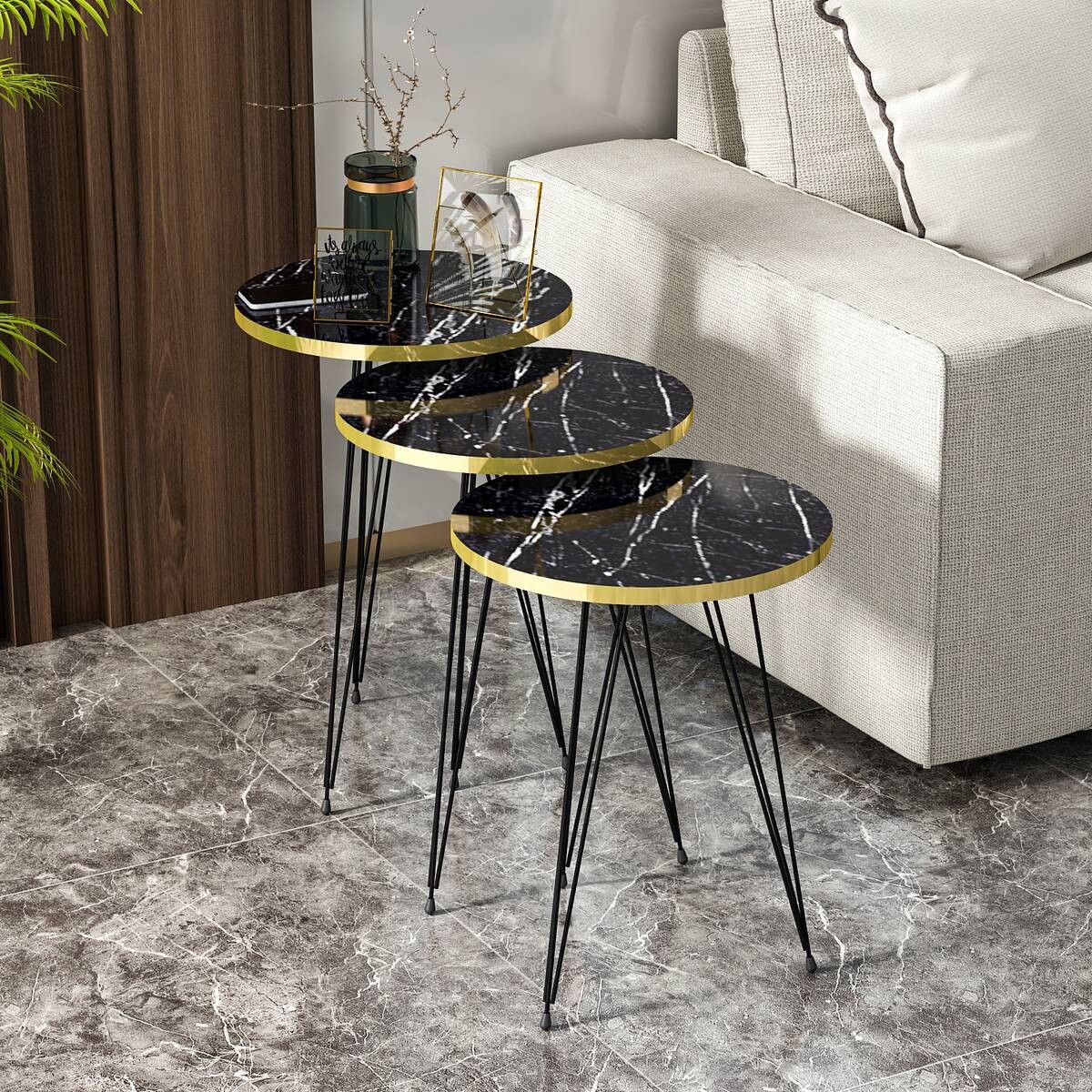 Beistelltisch 3er-Set. 21286139 schwarz Marmoroptik B/H/T: ca. 38x53,5x38 cm