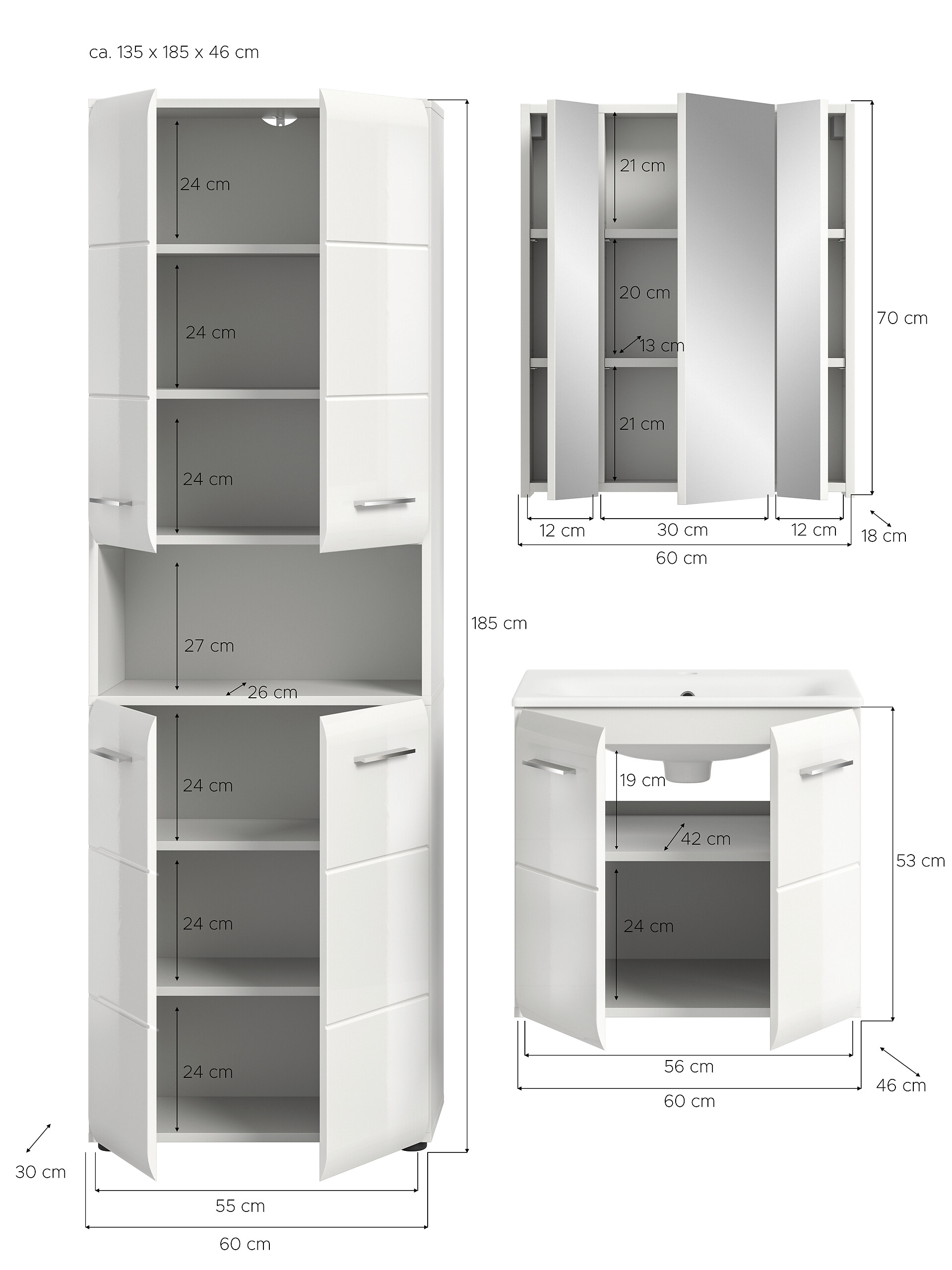 Badezimmer-Set Ice weiß weiß Hochglanz B/H/T: ca. 135x185x46 cm