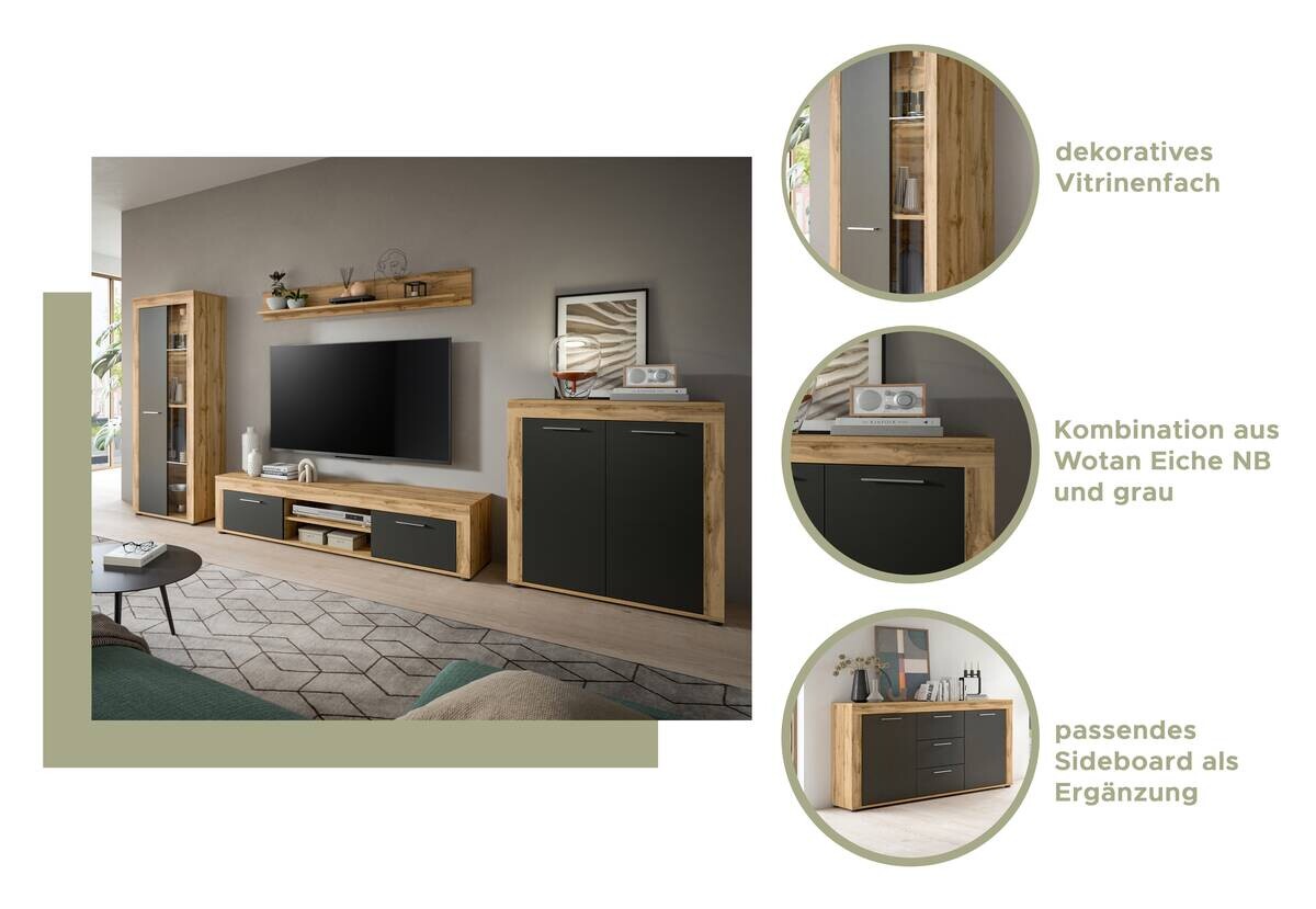 Wohnwand Jam Eiche Wotan Nachbildung grau B/H/T: ca. 330x159x35 cm